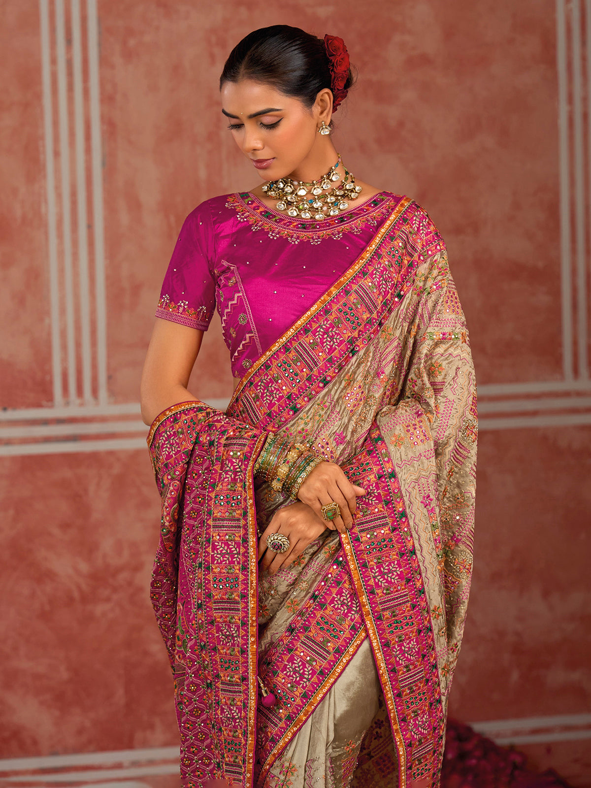 Chiku brown shana silk celebration saree with unstitched blouse