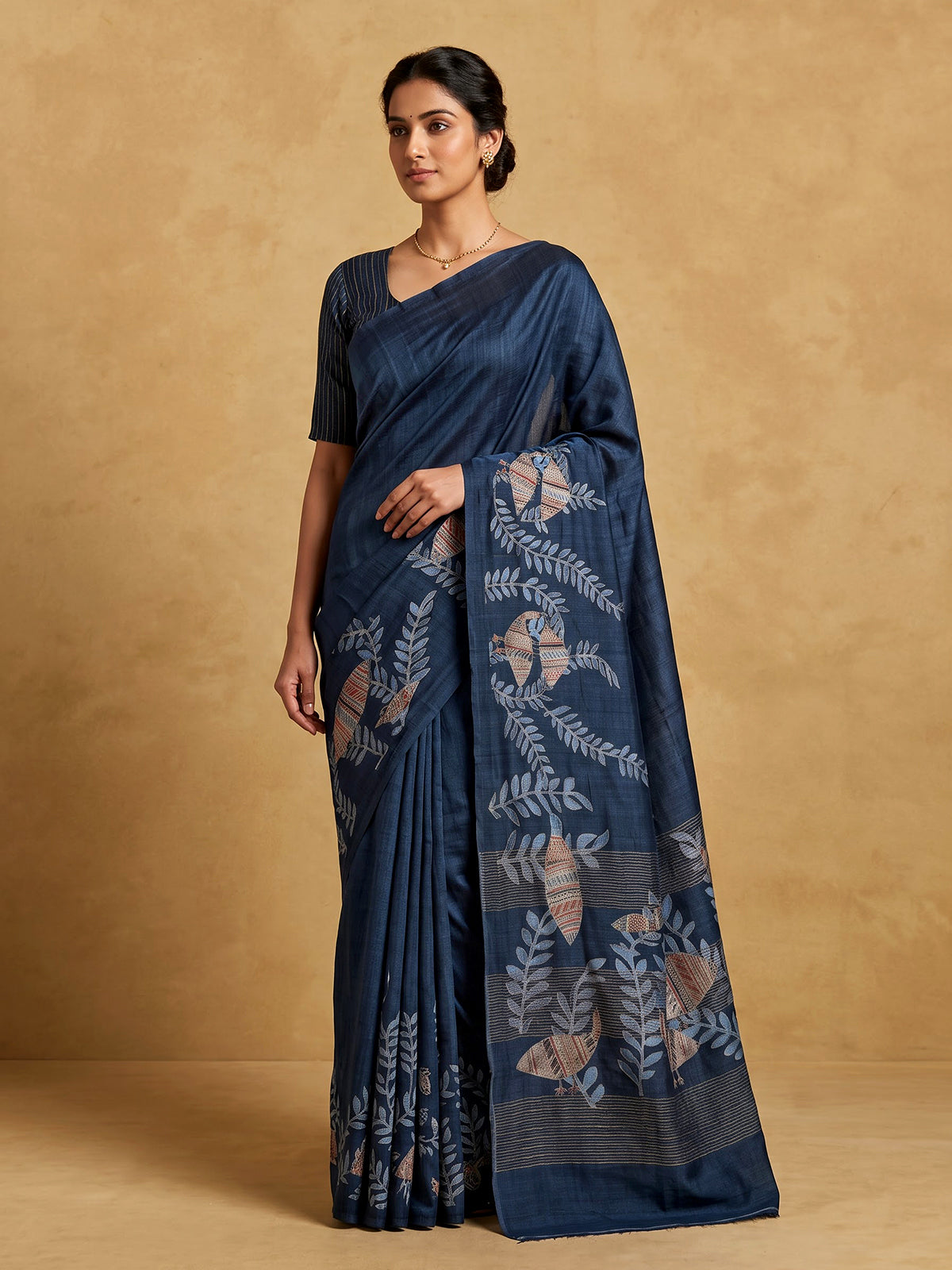 Navy women kalamkari beaded zari saree