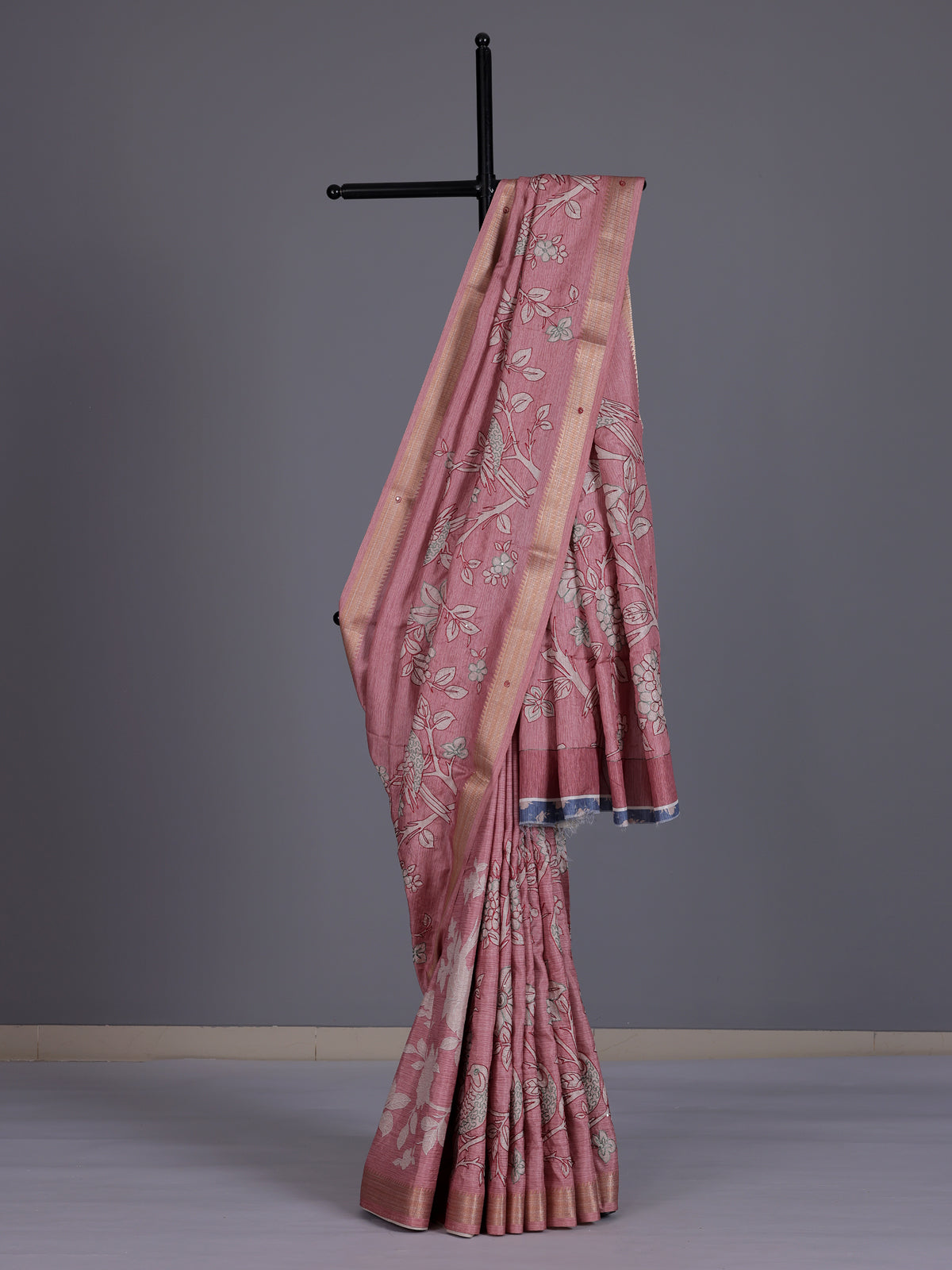 Pink women botanical kantha zari saree
