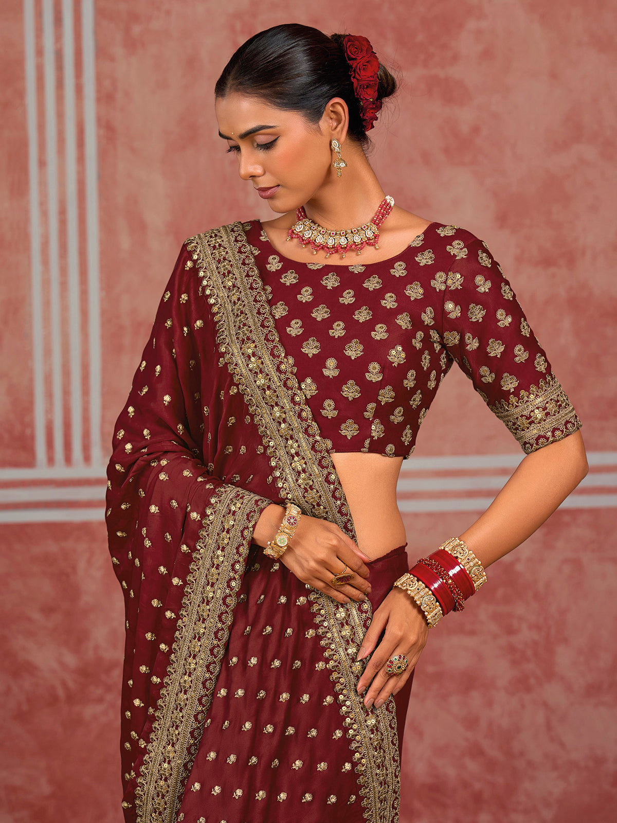 Maroon munga silk heirloom saree with unstitched blouse