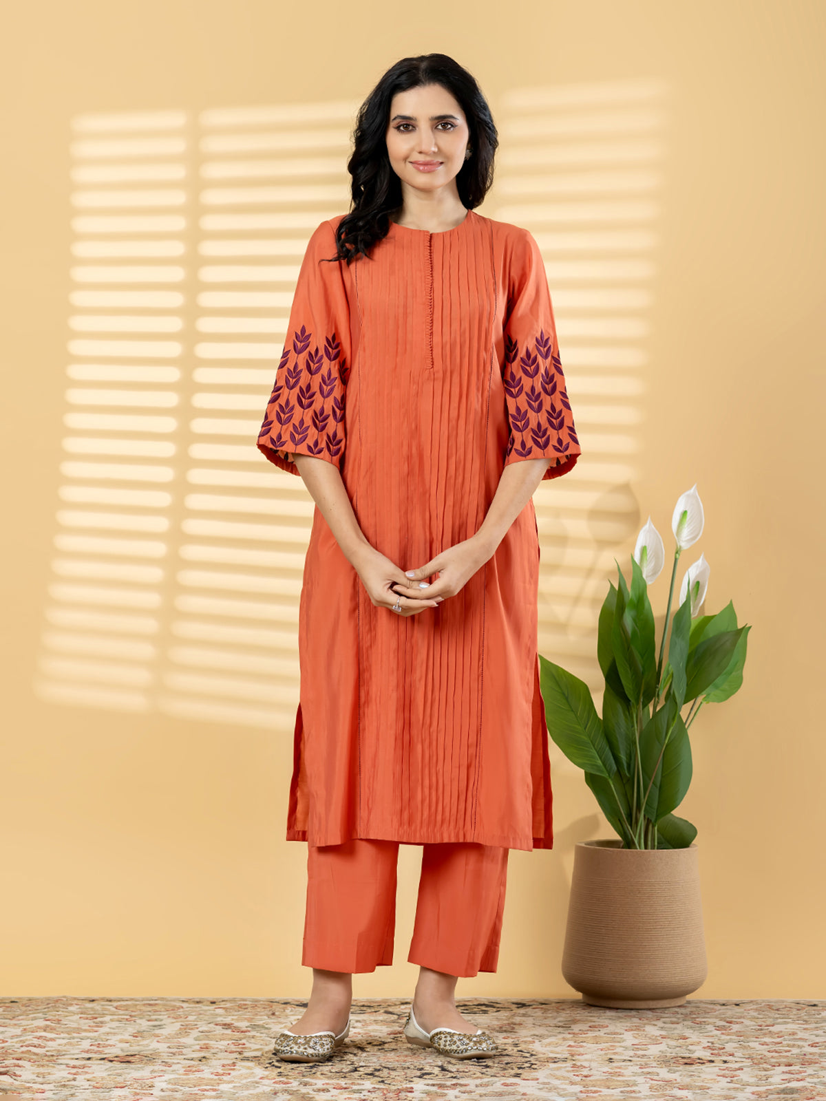 Dusty orange pin tuck women pant kurti set