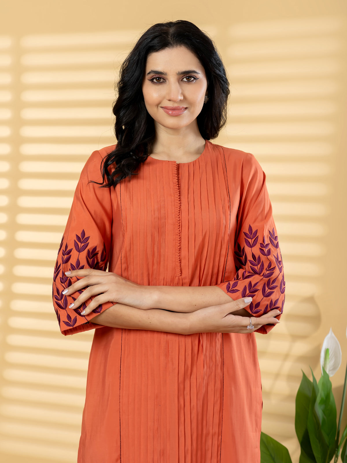 Dusty orange pin tuck women pant kurti set