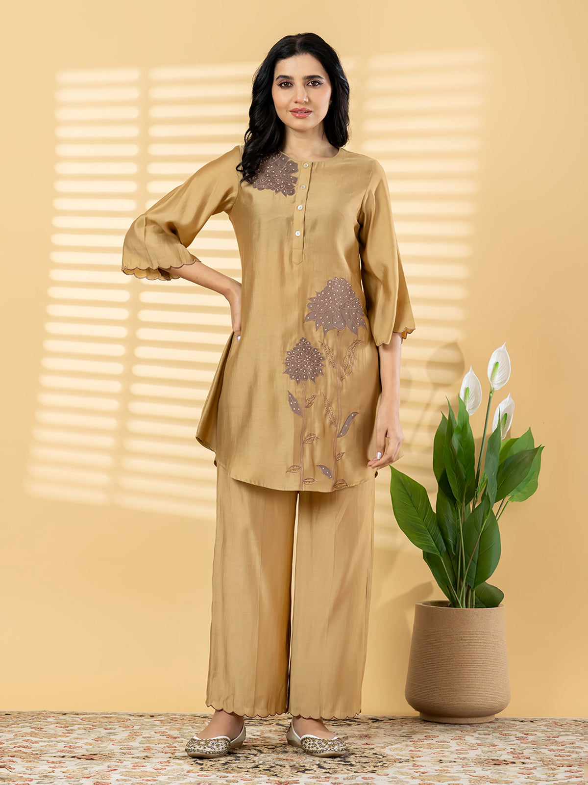 Gold floral patchwork women palazzo kurti set