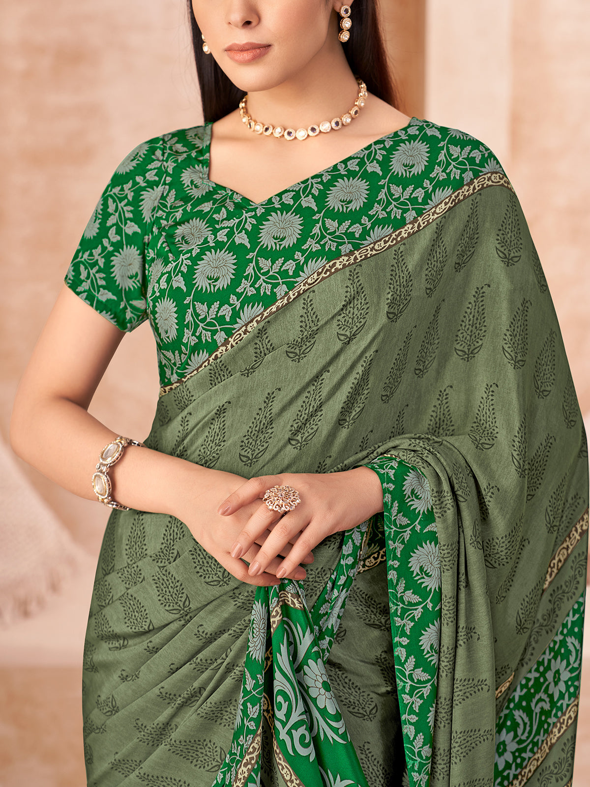 Green printed casual crepe silk saree with unstitched blouse