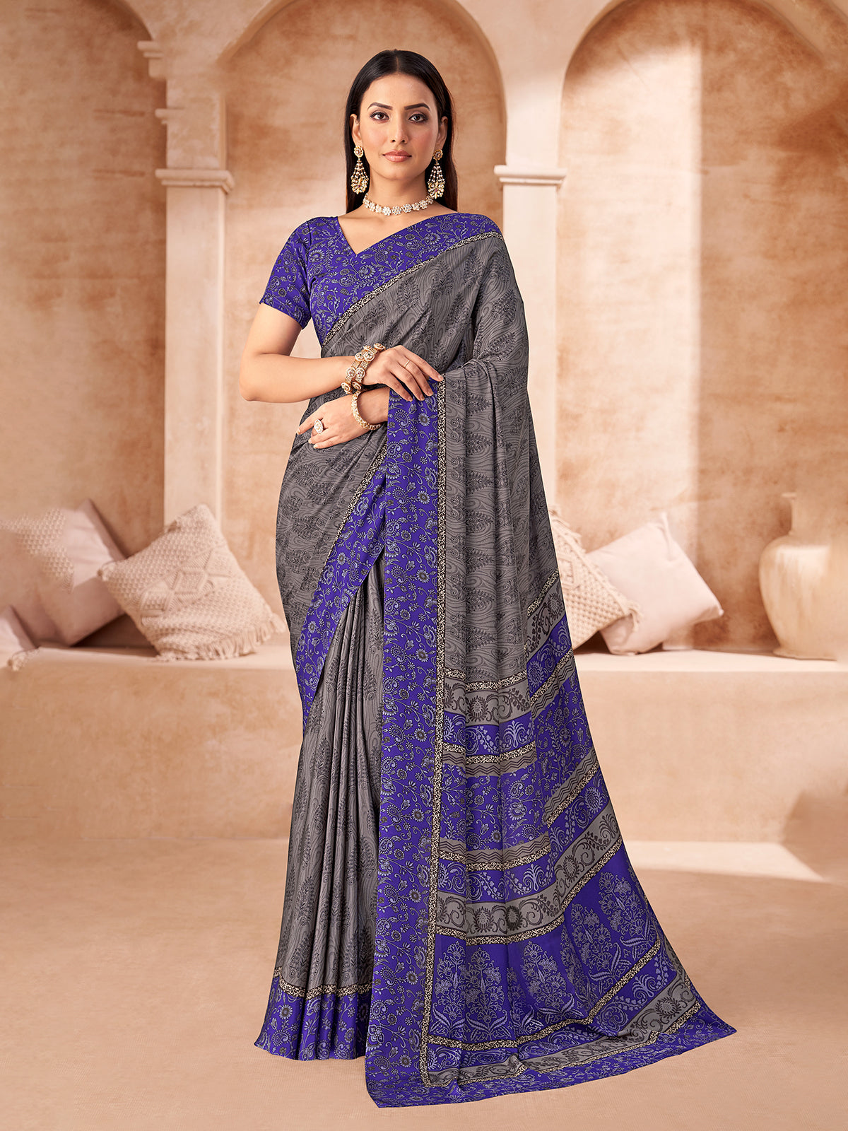 Grey printed crepe silk saree with unstitched blouse