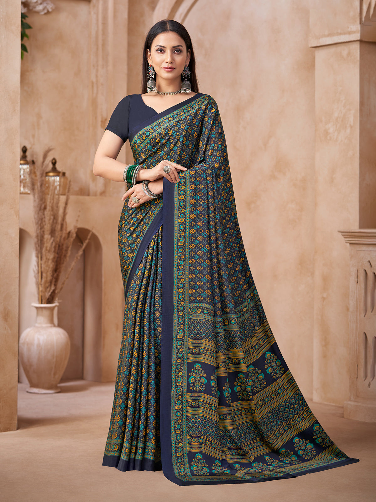 Blue floral printed crepe silk saree