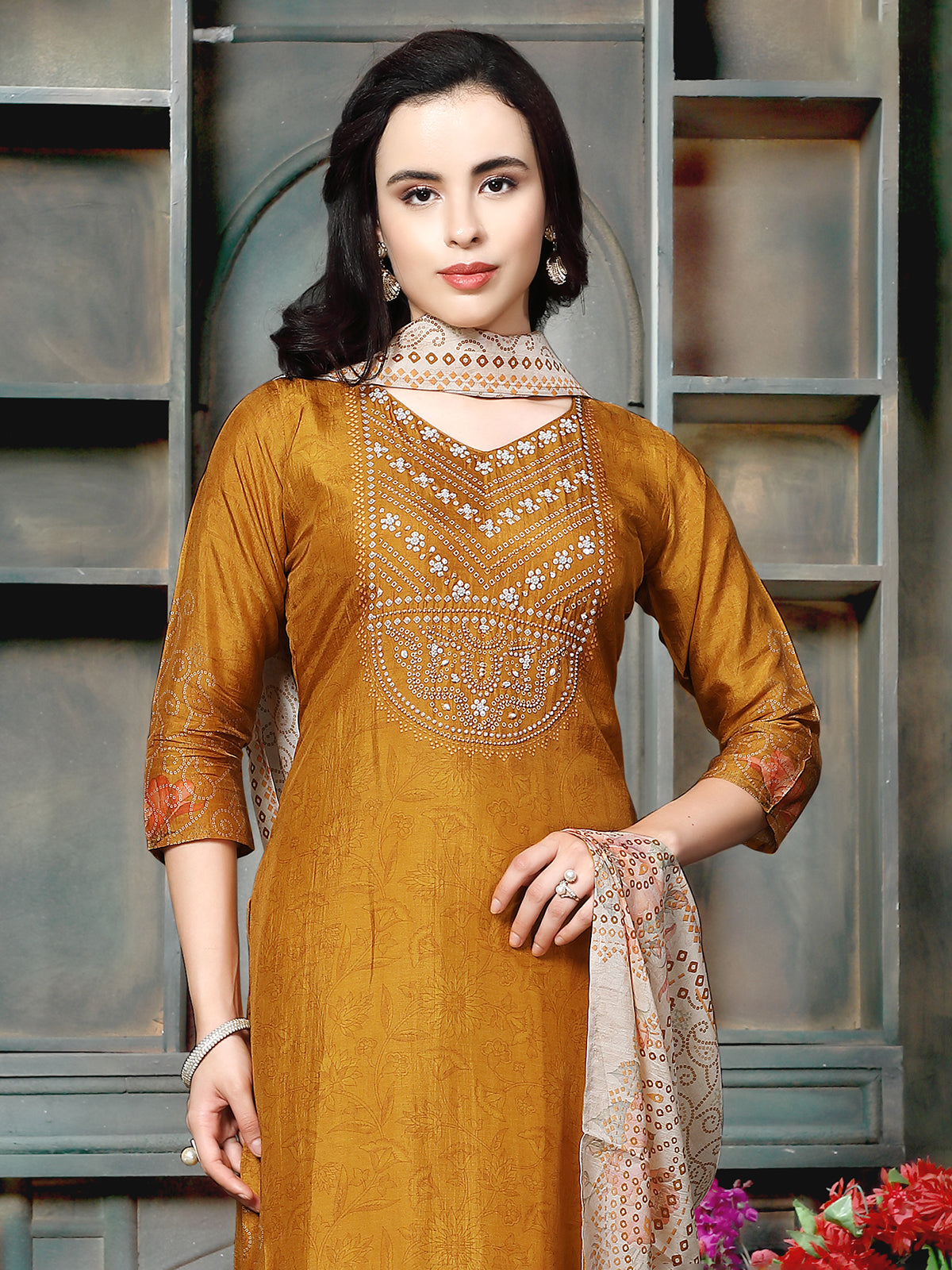 Mustard yellow women floral embellished kurti set