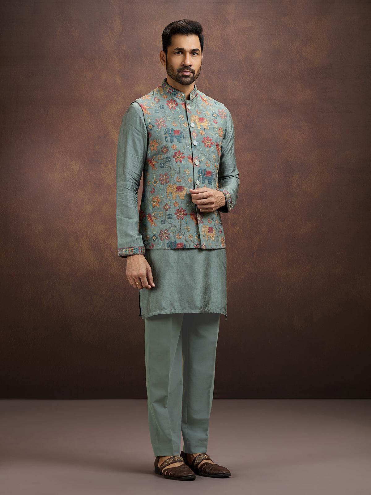 Sage grey folk embroidered silk waistcoat set