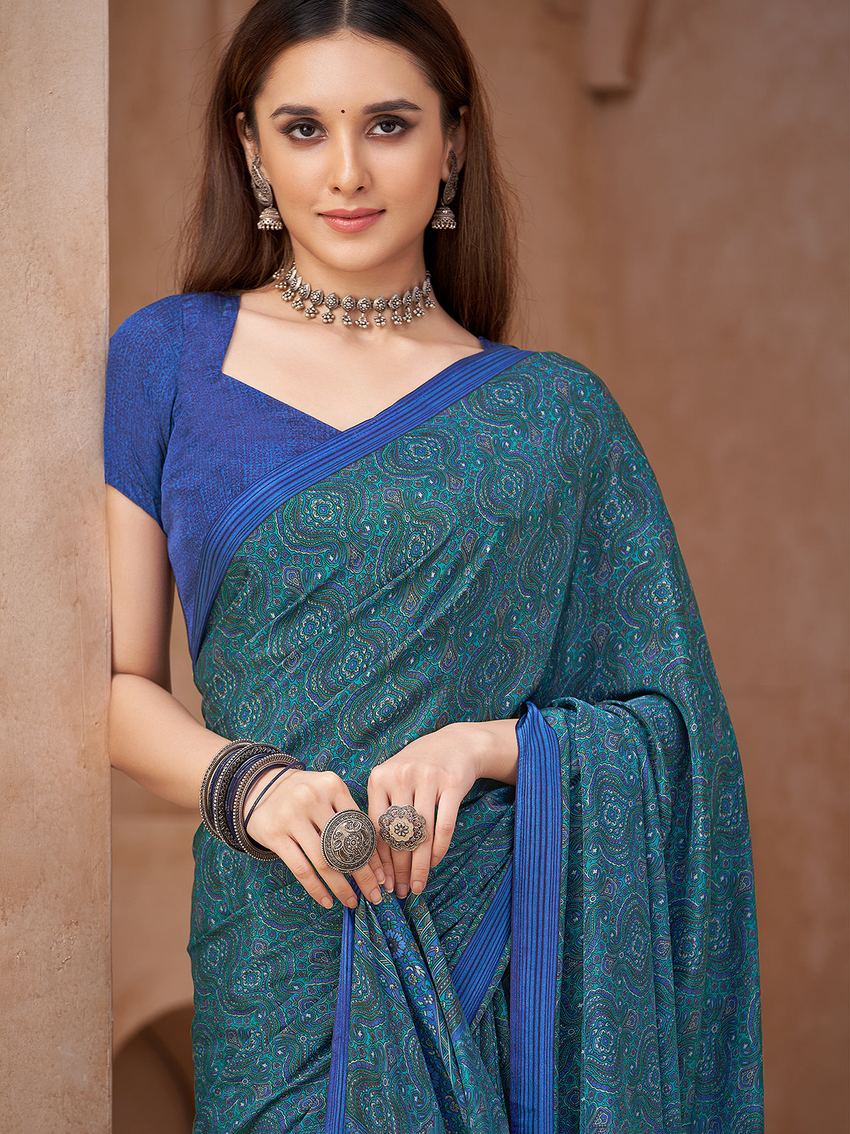 Blue kalamkari printed crepe silk saree