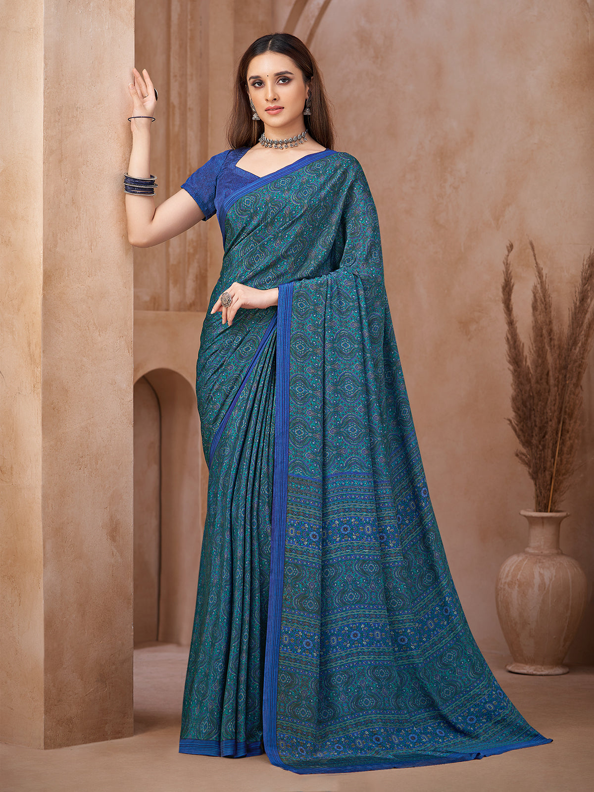 Blue kalamkari printed crepe silk saree