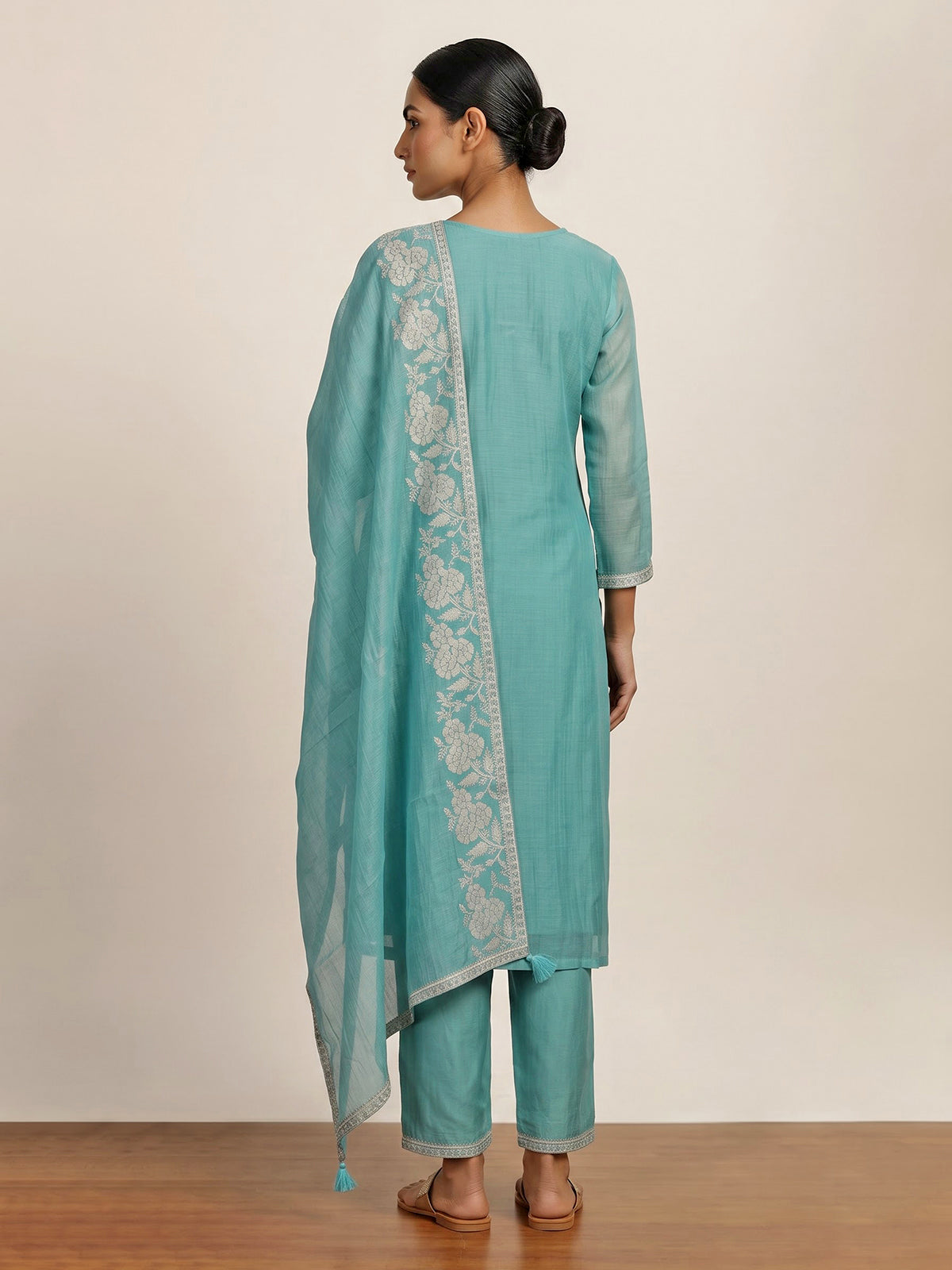 Aqua blue women floral zari kurti set