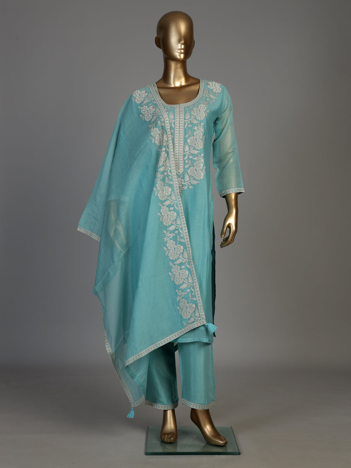 Aqua blue women floral zari kurti set