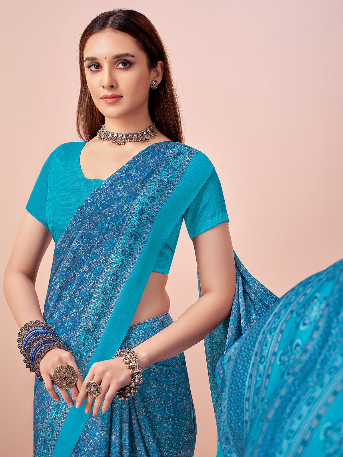 Sky blue printed casual crepe silk saree with unstitched blouse