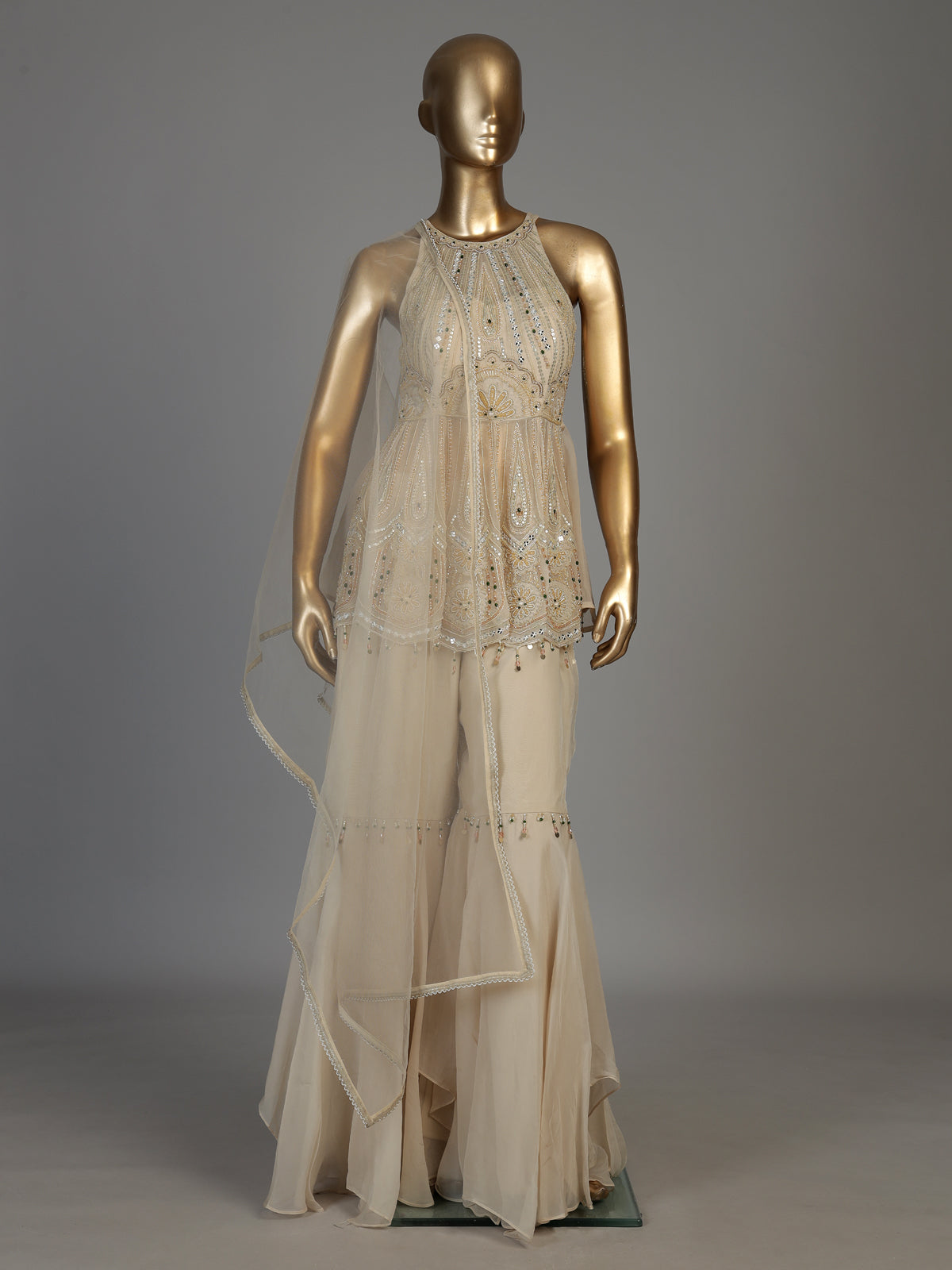Cream women embellished halter sharara suit