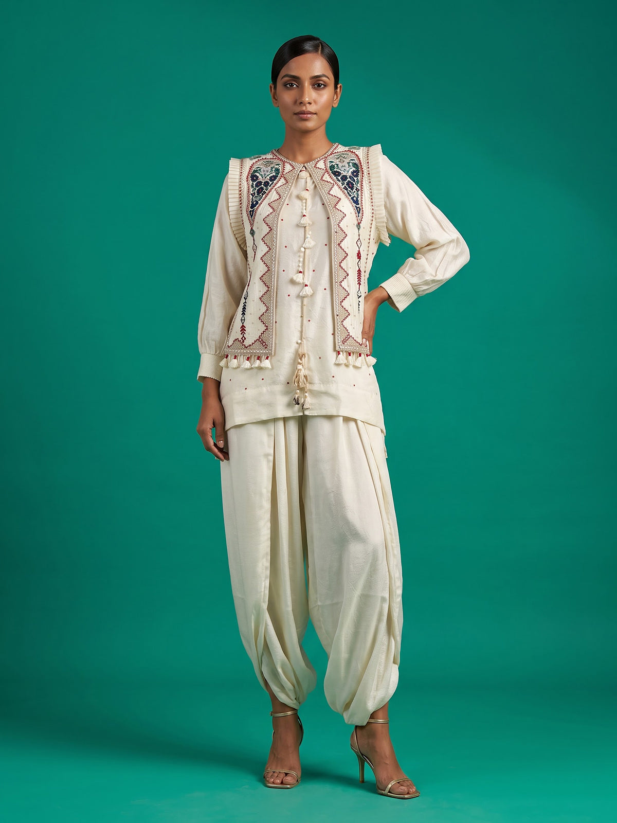 White women embellished jacket dhoti indo western