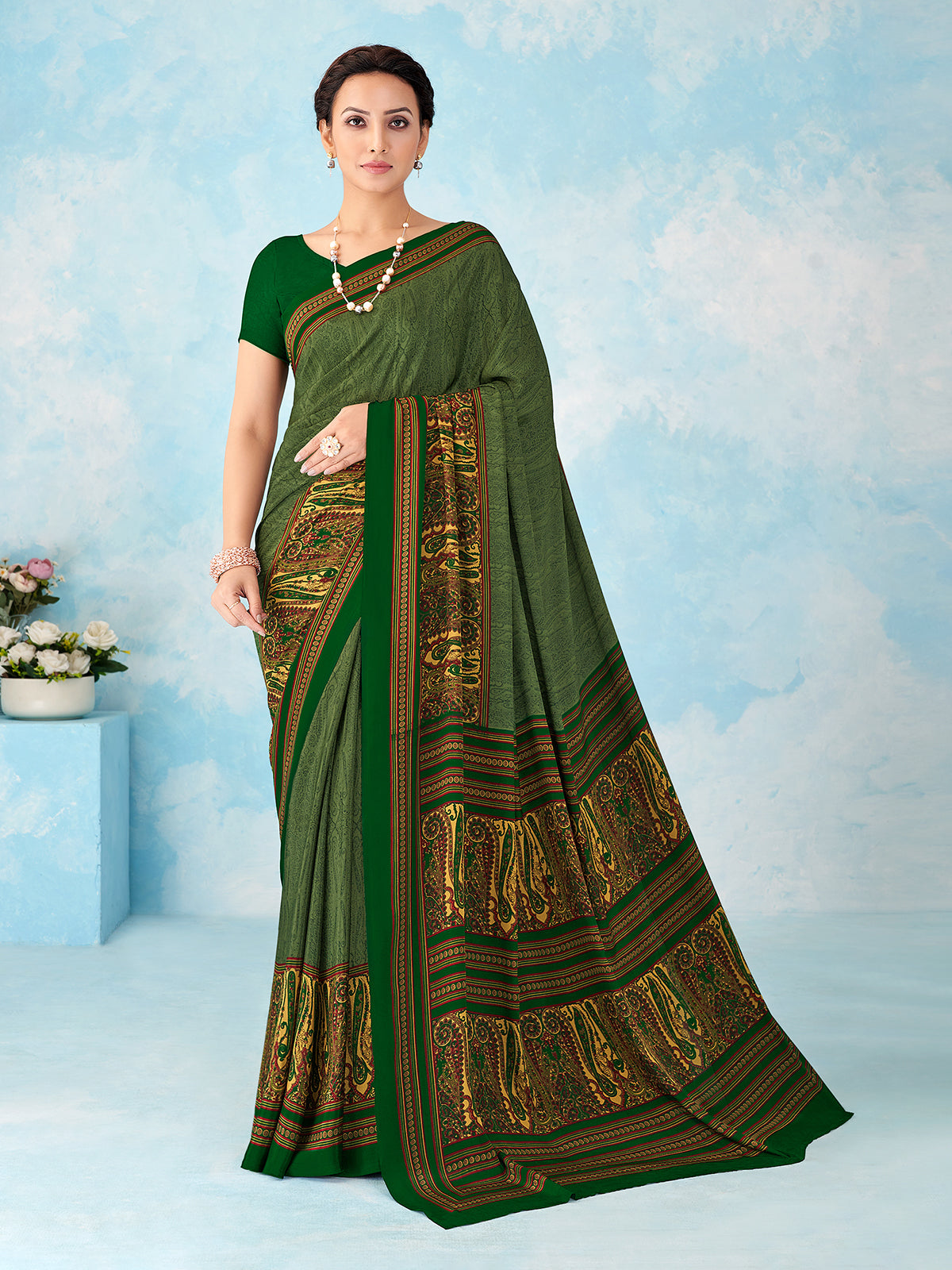 Green printed crepe silk casual saree for women