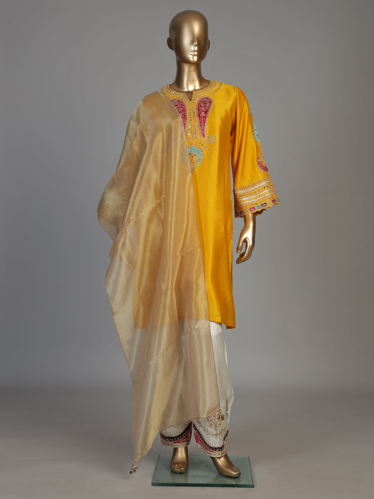 Yellow women paisley embellished palazzo suit