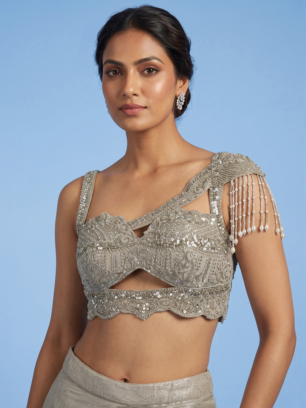 Beige women pearl drape ready to wear saree