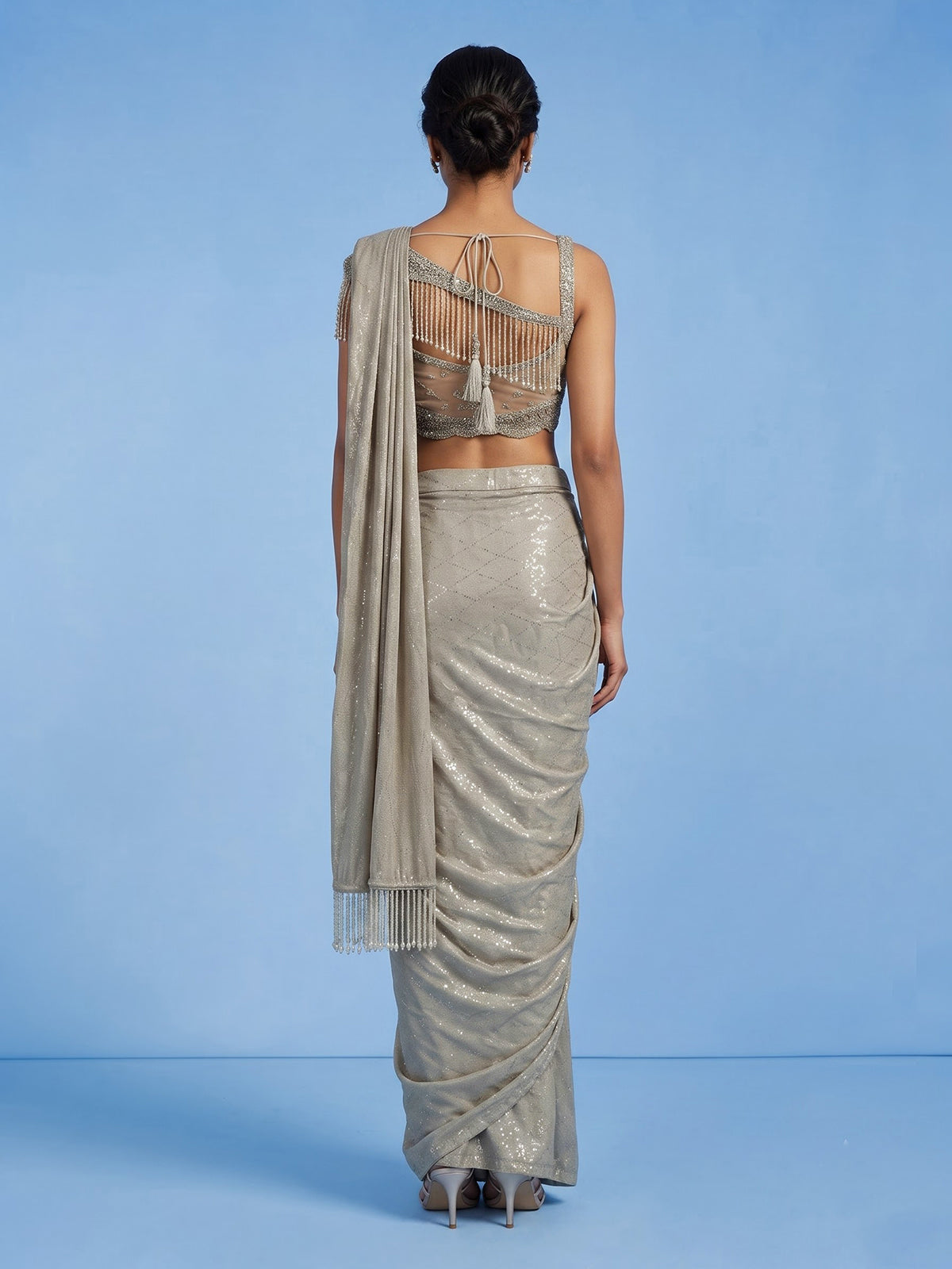 Beige women pearl drape ready to wear saree
