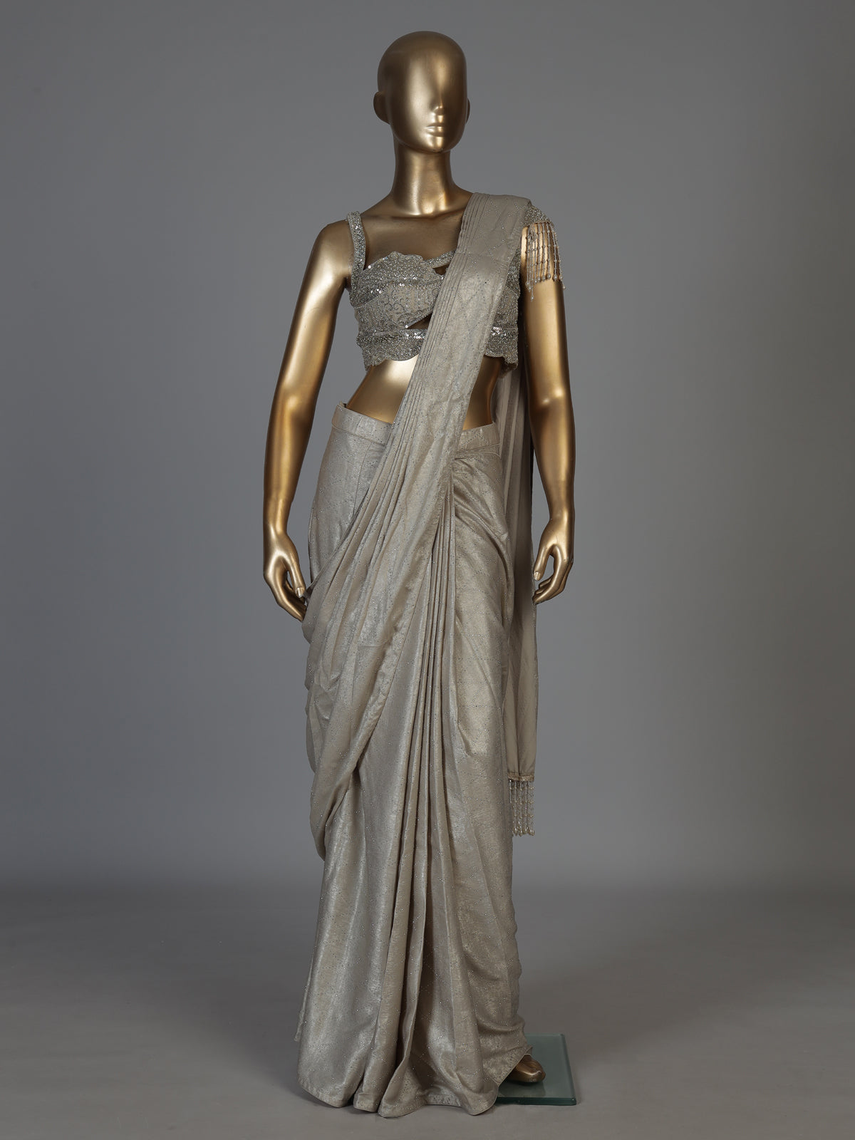 Beige women pearl drape ready to wear saree