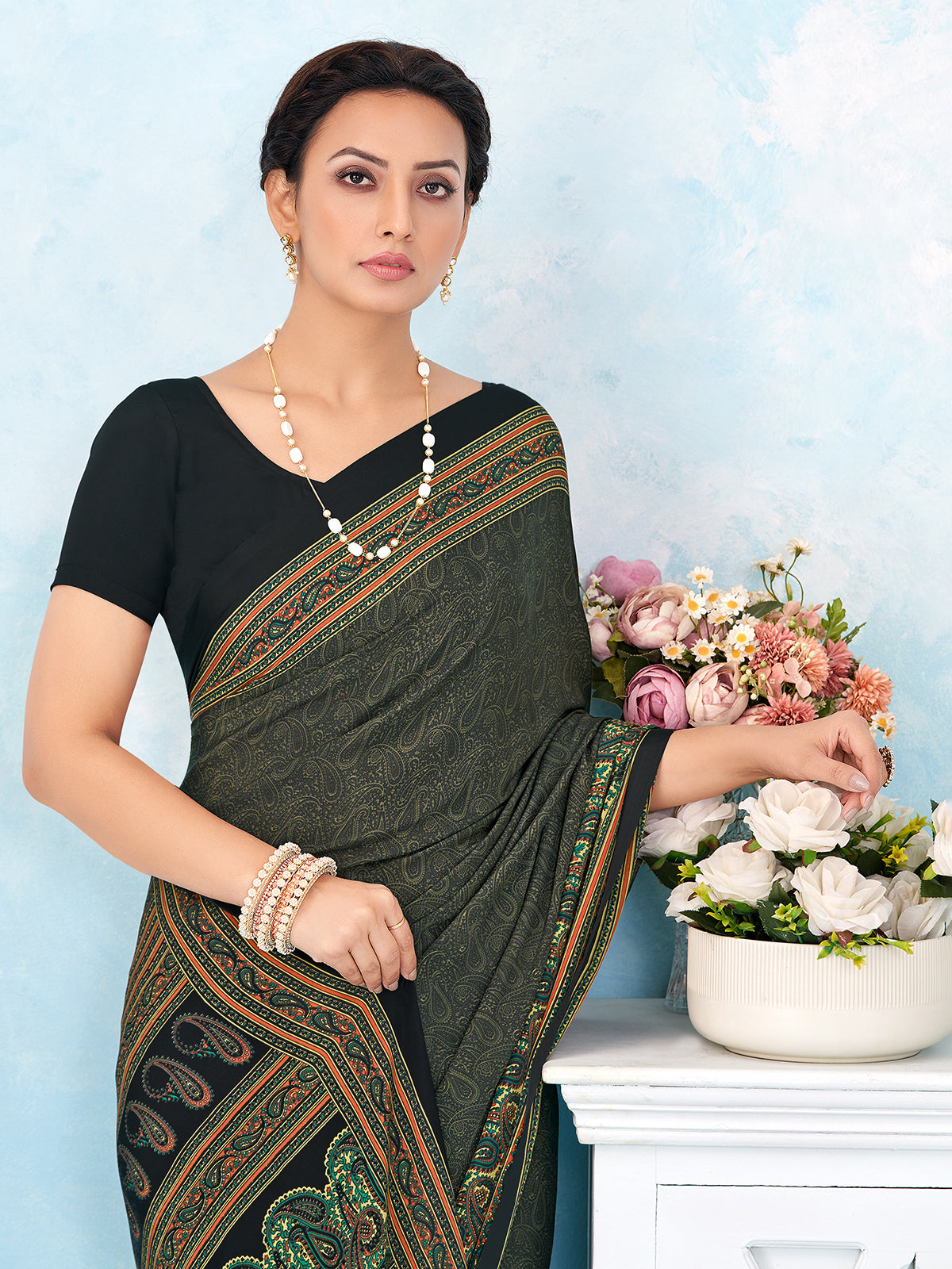 Black paisley printed crepe silk saree