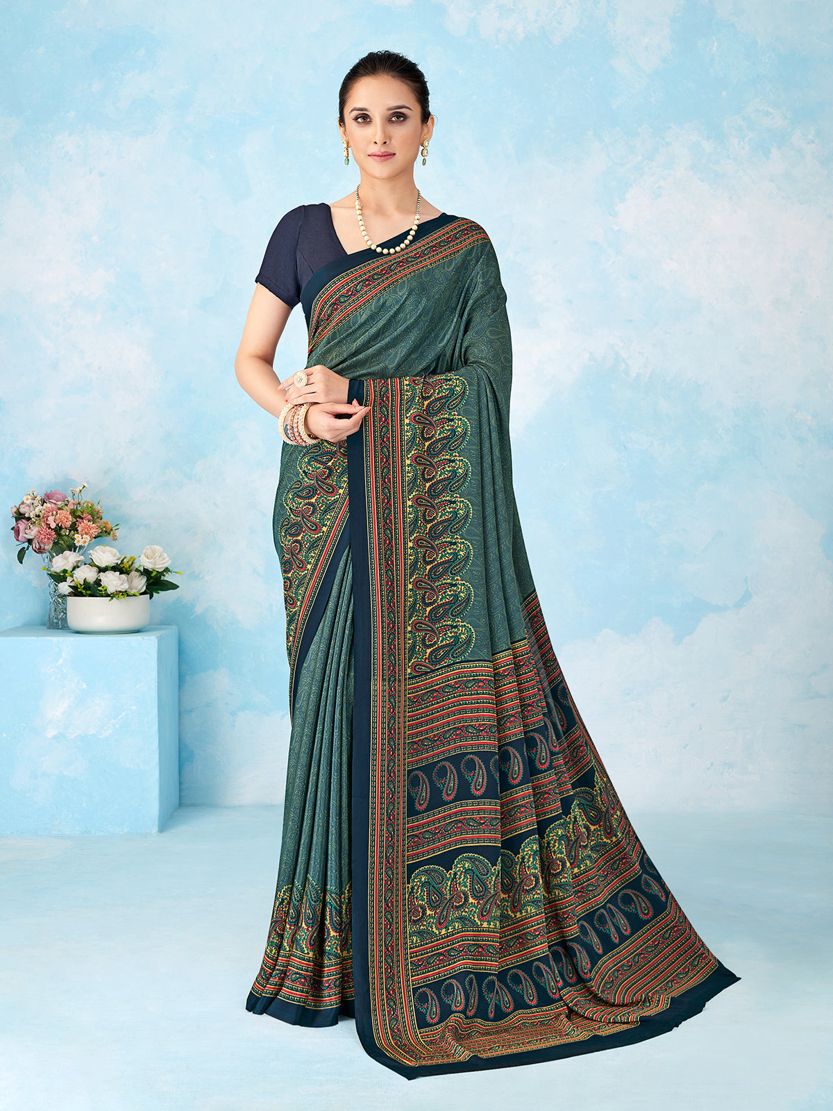 Blue printed saree in crepe silk with unstitched blouse