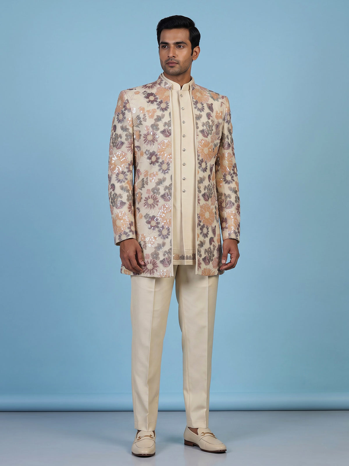 Cream men floral tapestry embroidered indo western