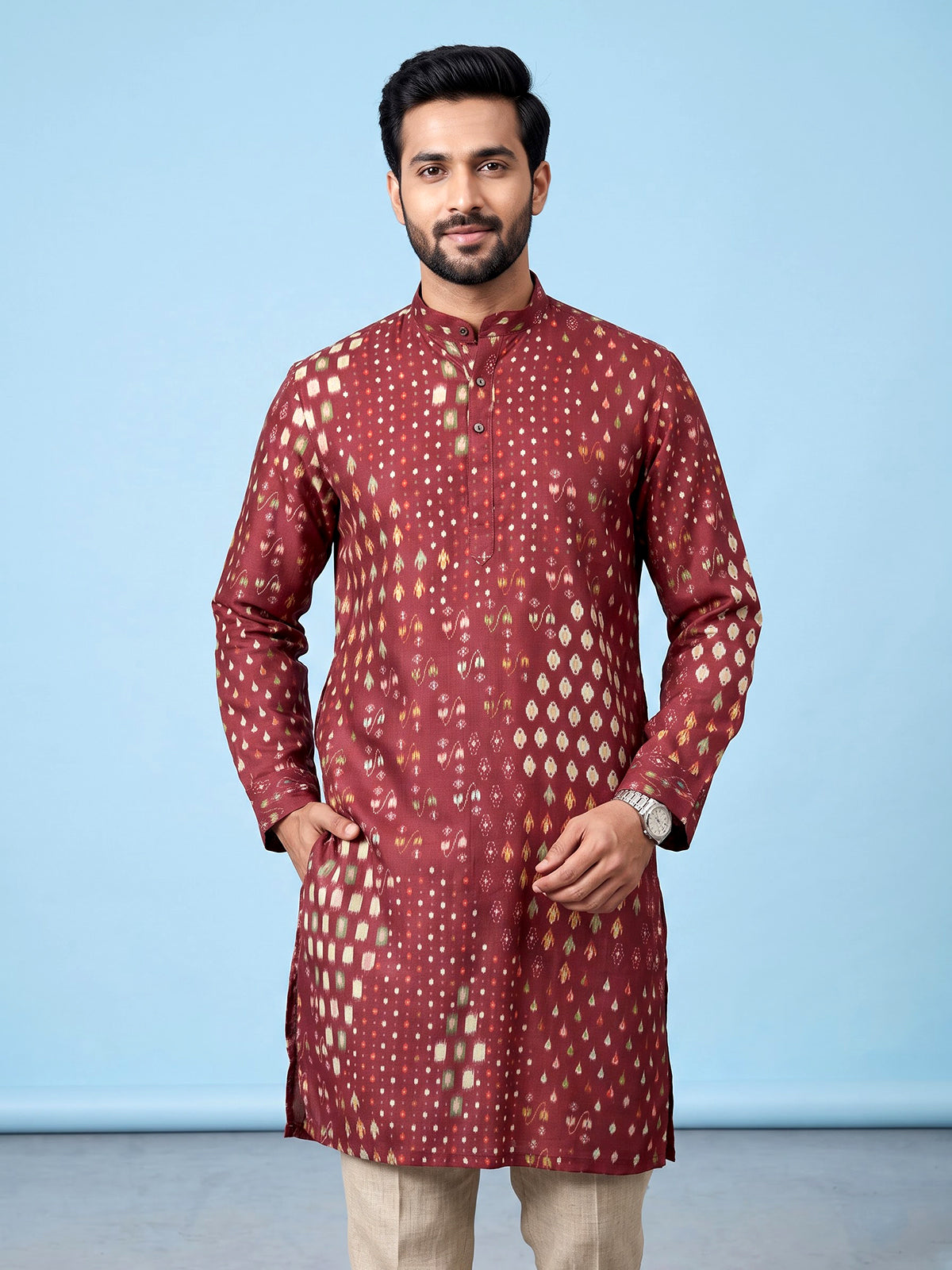 Maroon men geometric printed chinese kurta