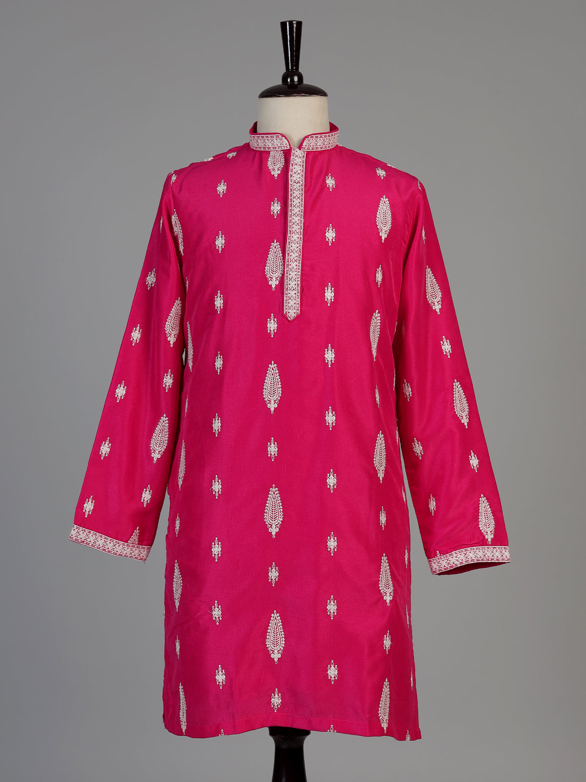 Rani pink men ivory threadwork kurta