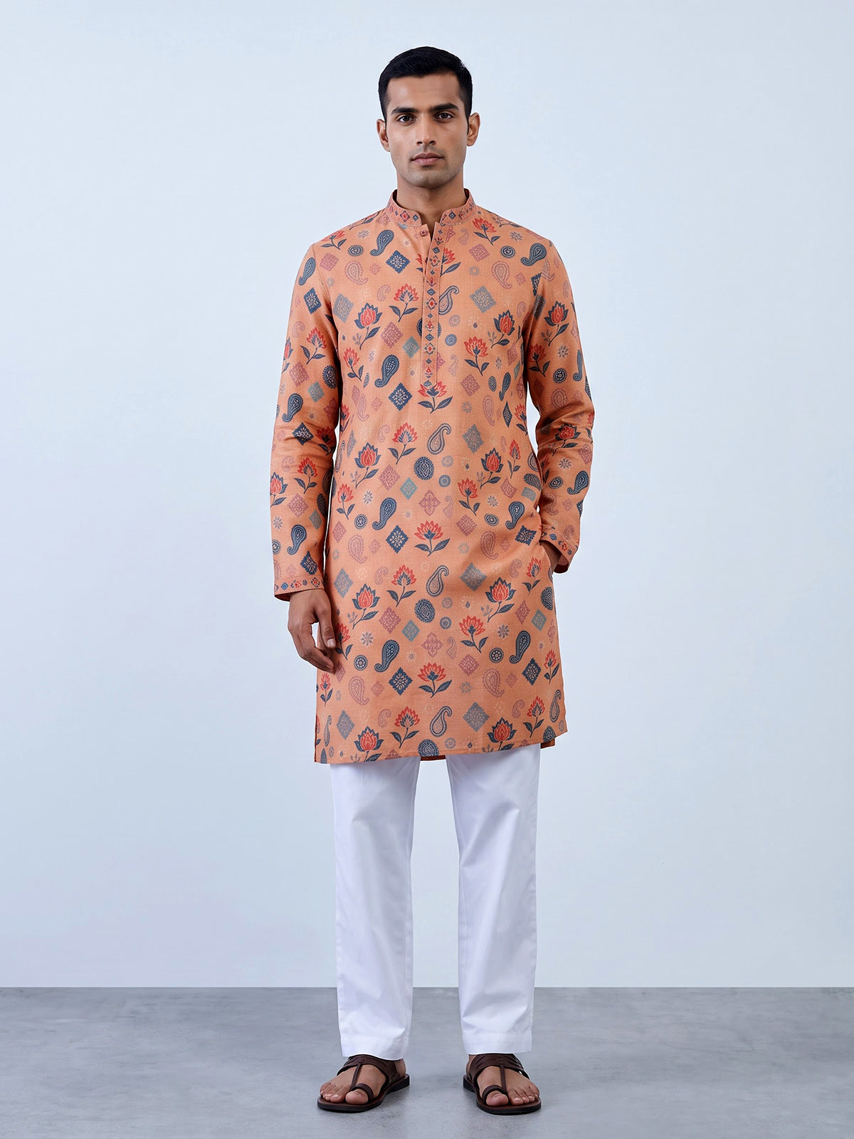 Peach men kalka floral kurta suit