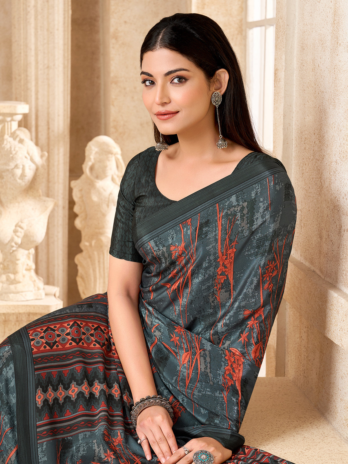 Black abstract printed saree in crepe silk