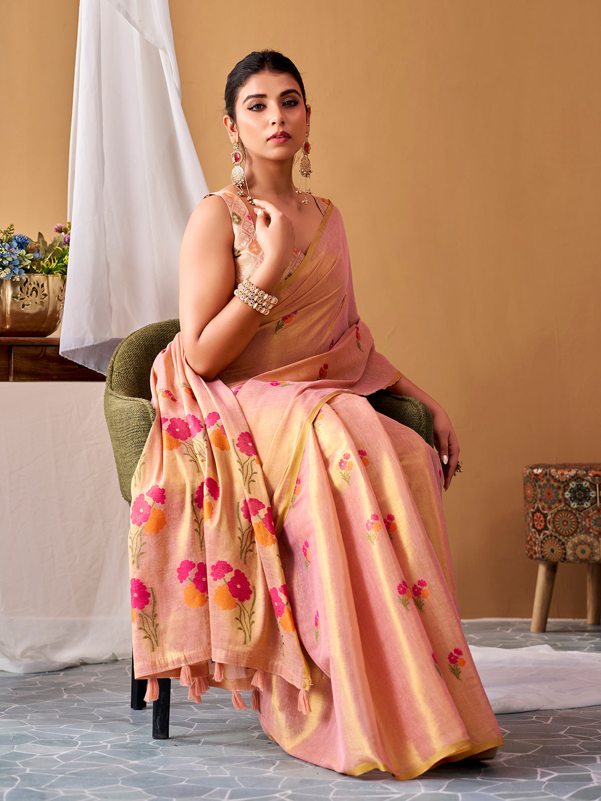 Peach designer tissue silk festive saree
