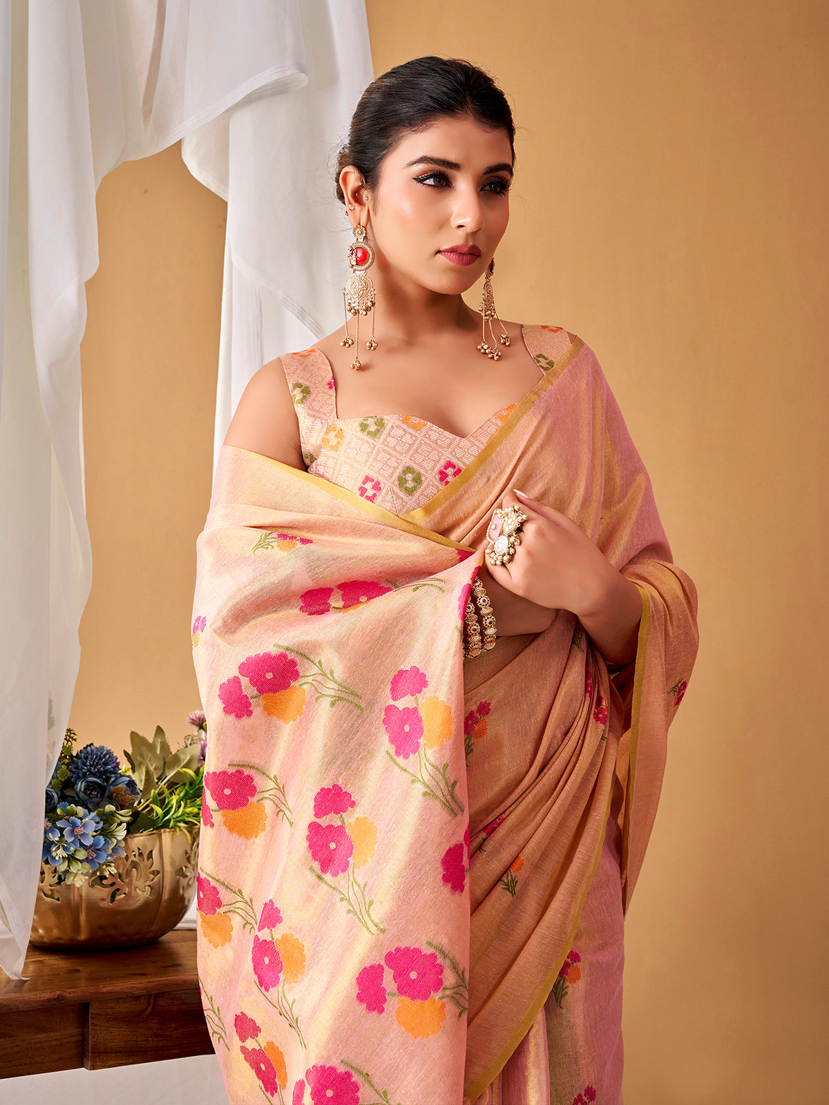 Peach designer tissue silk festive saree