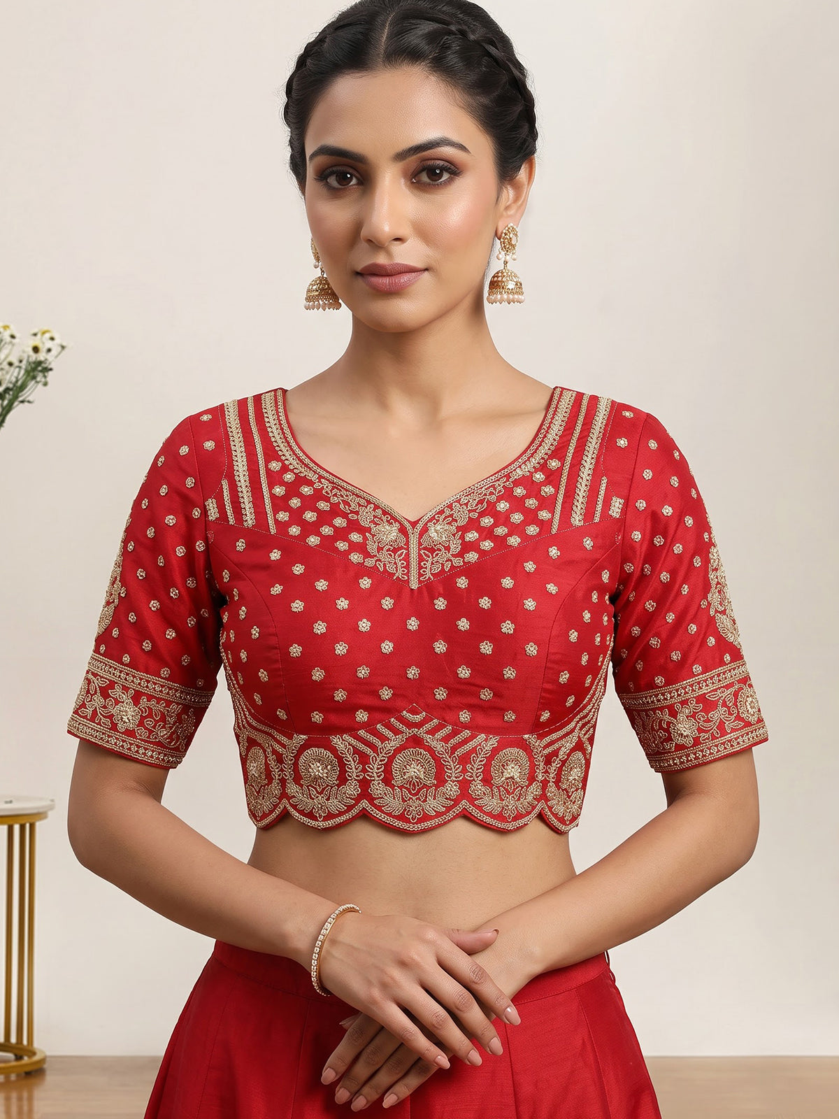 Red raw silk unstitched bridal lehenga choli with double dupattas