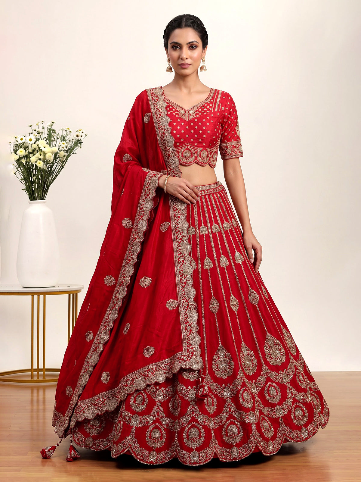 Red raw silk unstitched bridal lehenga choli with double dupattas