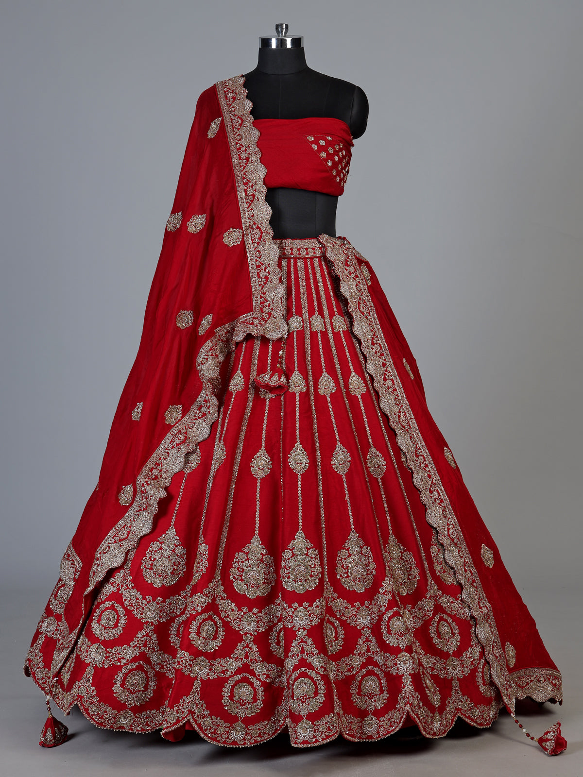 Red raw silk unstitched bridal lehenga choli with double dupattas