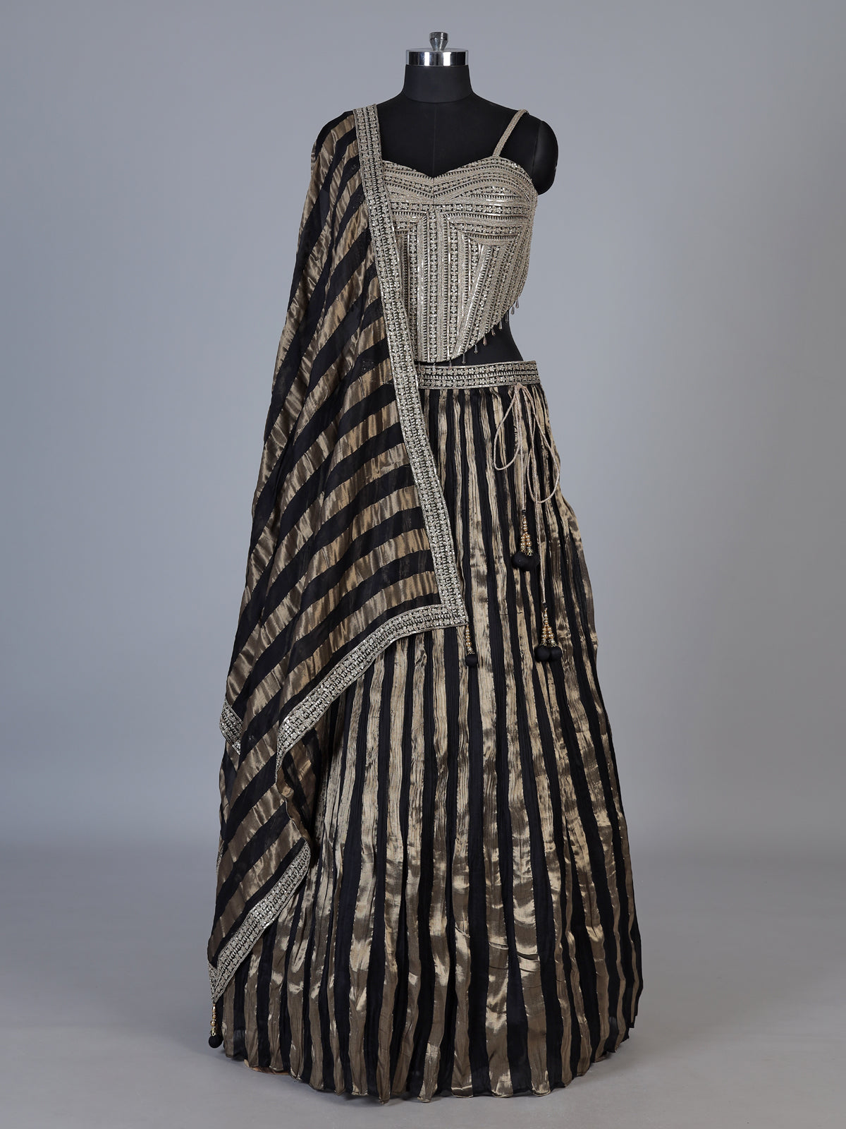 Black crushed tissue blend lehenga choli with resham zari elegance
