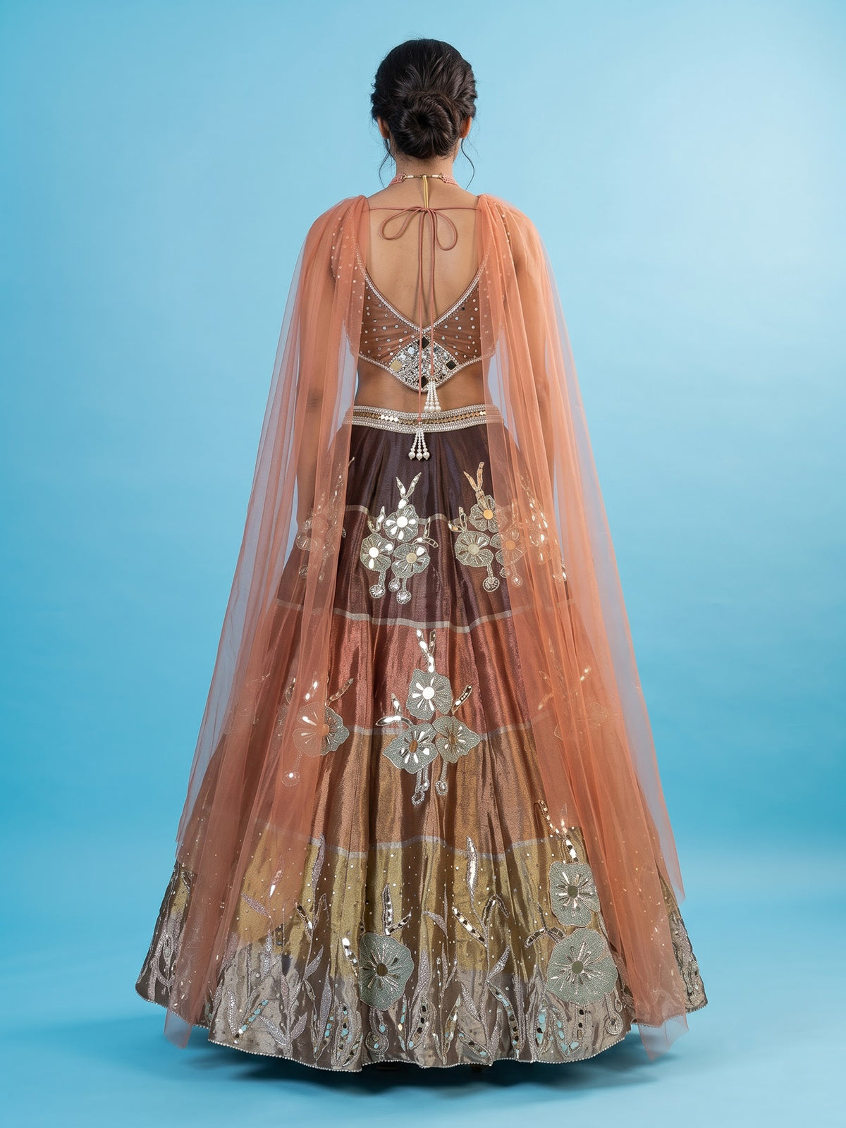Brown chanderi tissue silk lehenga choli with mirror pearl artistry