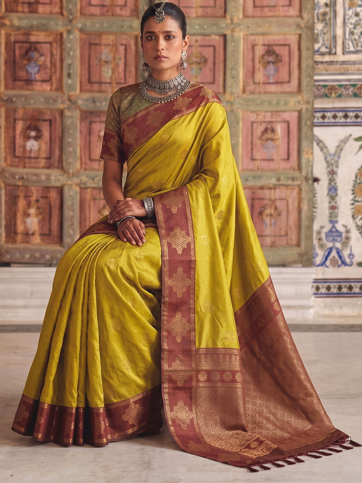 Opulent yellow traditional silk saree women
