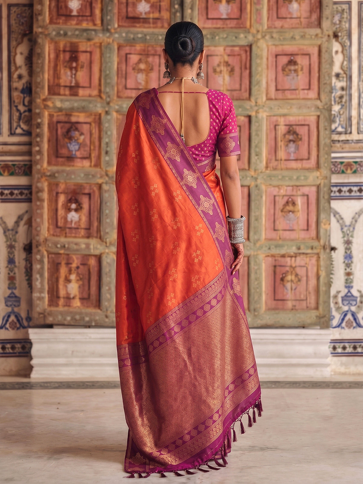 Radiant orange designer silk saree women