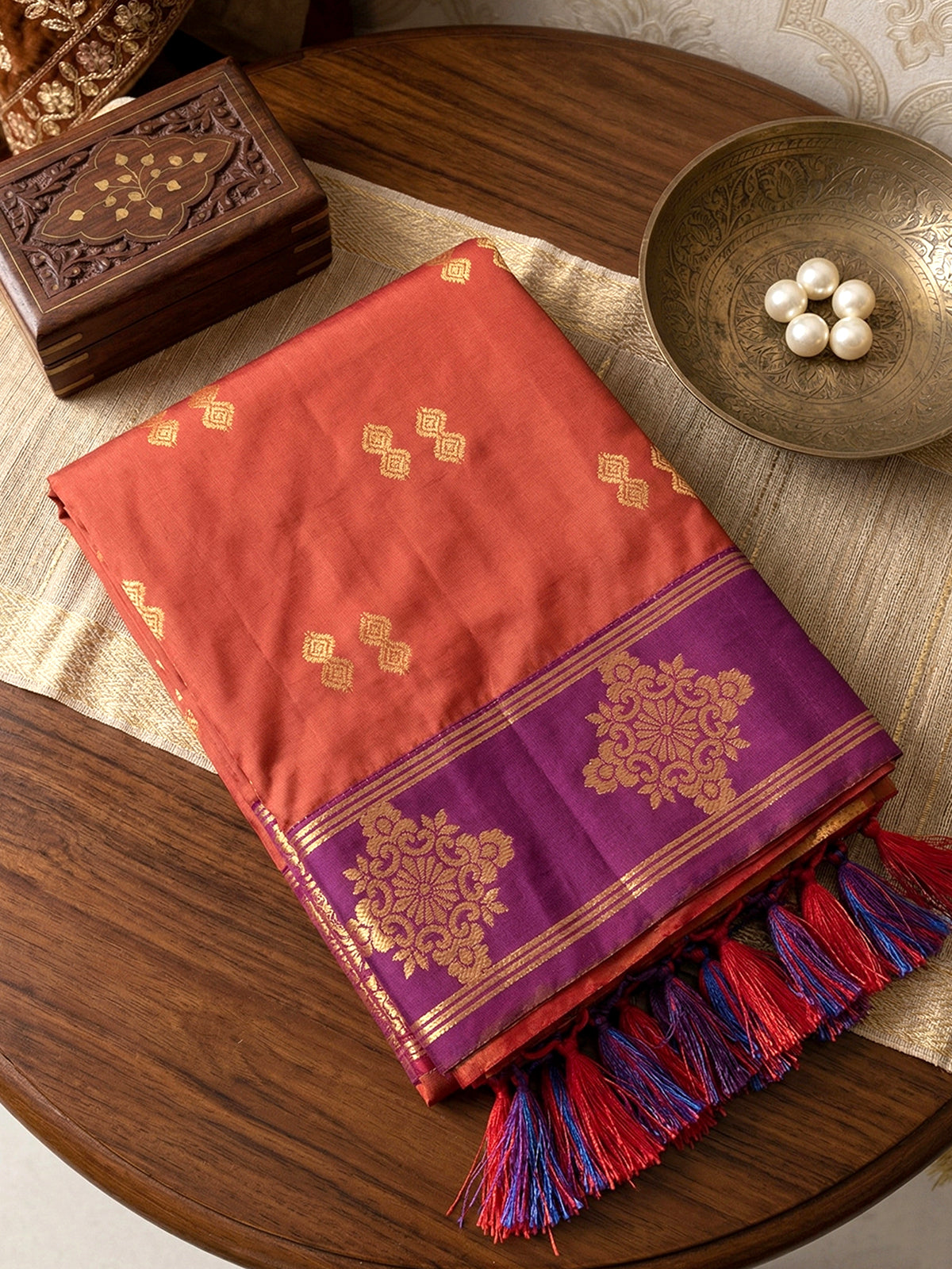 Radiant orange designer silk saree women
