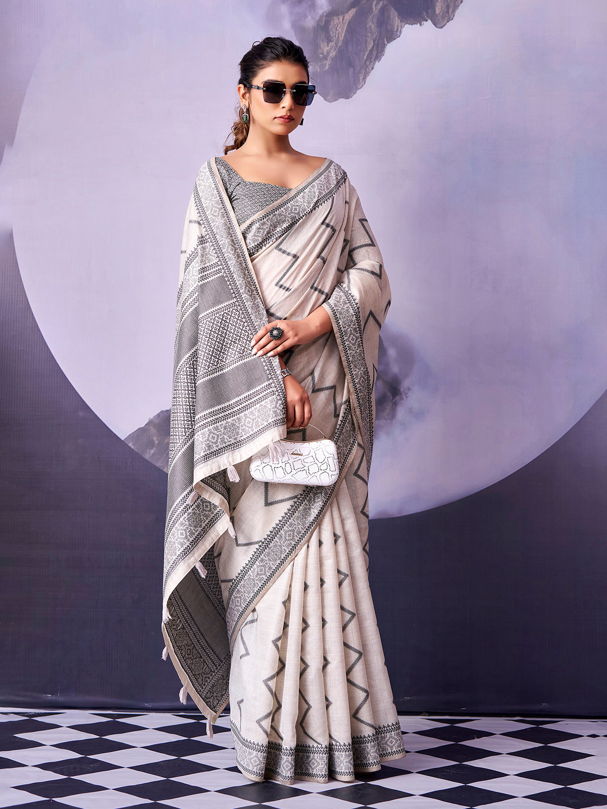 Classic off white ethnic cotton saree women