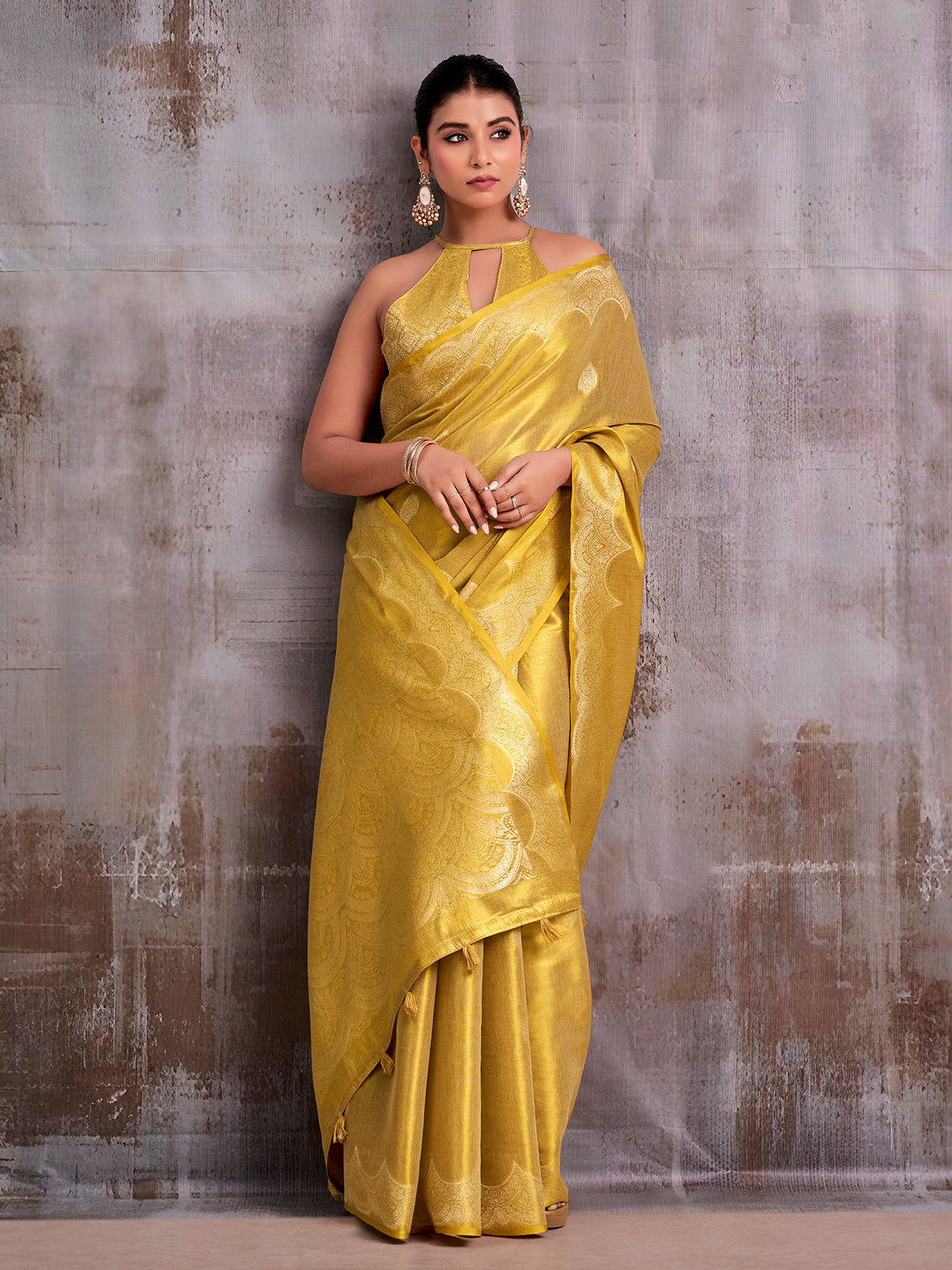 Yellow radiant designer tissue silk saree women