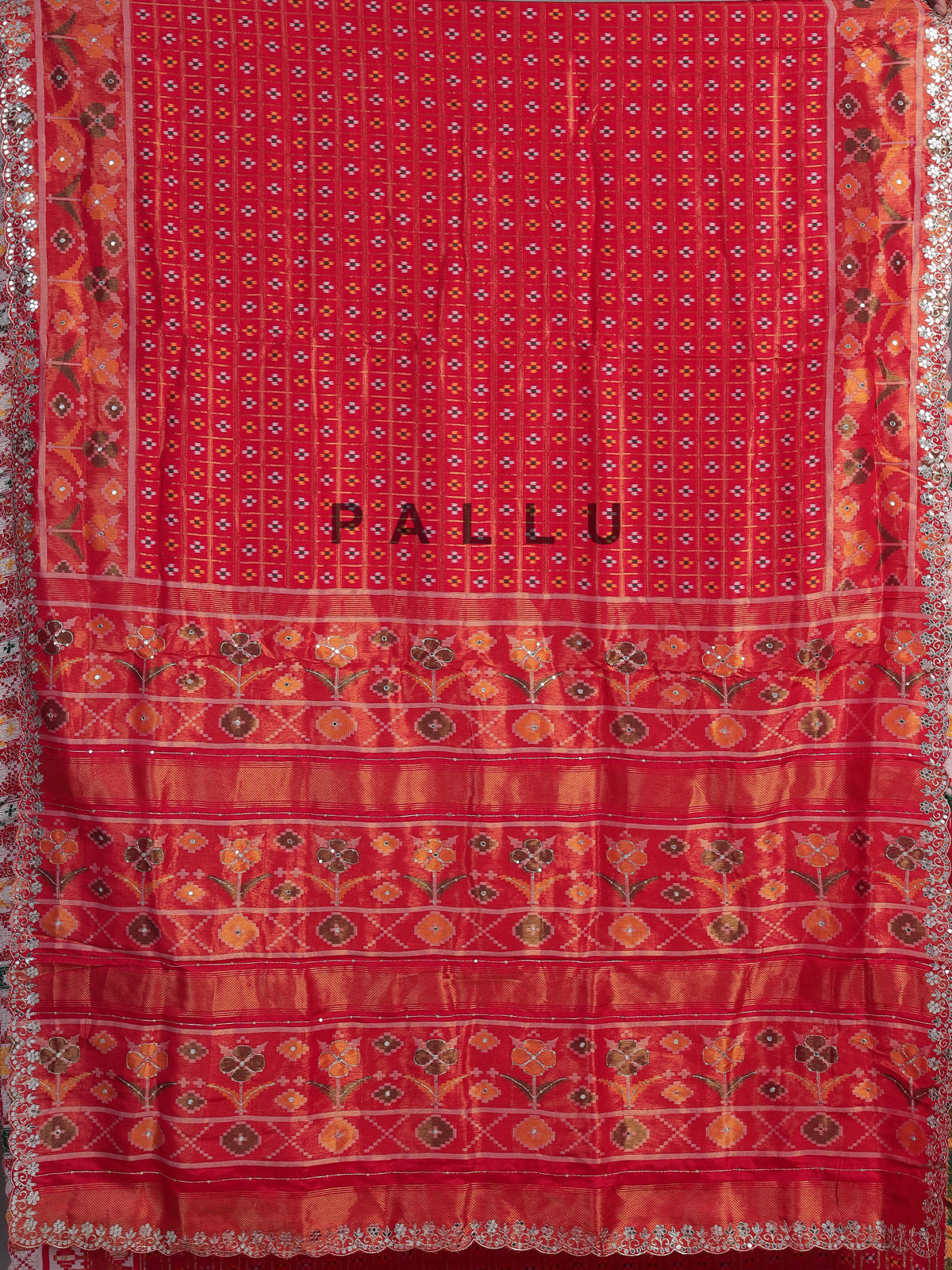 Red soft silk saree with traditional ikat printed zari elegance