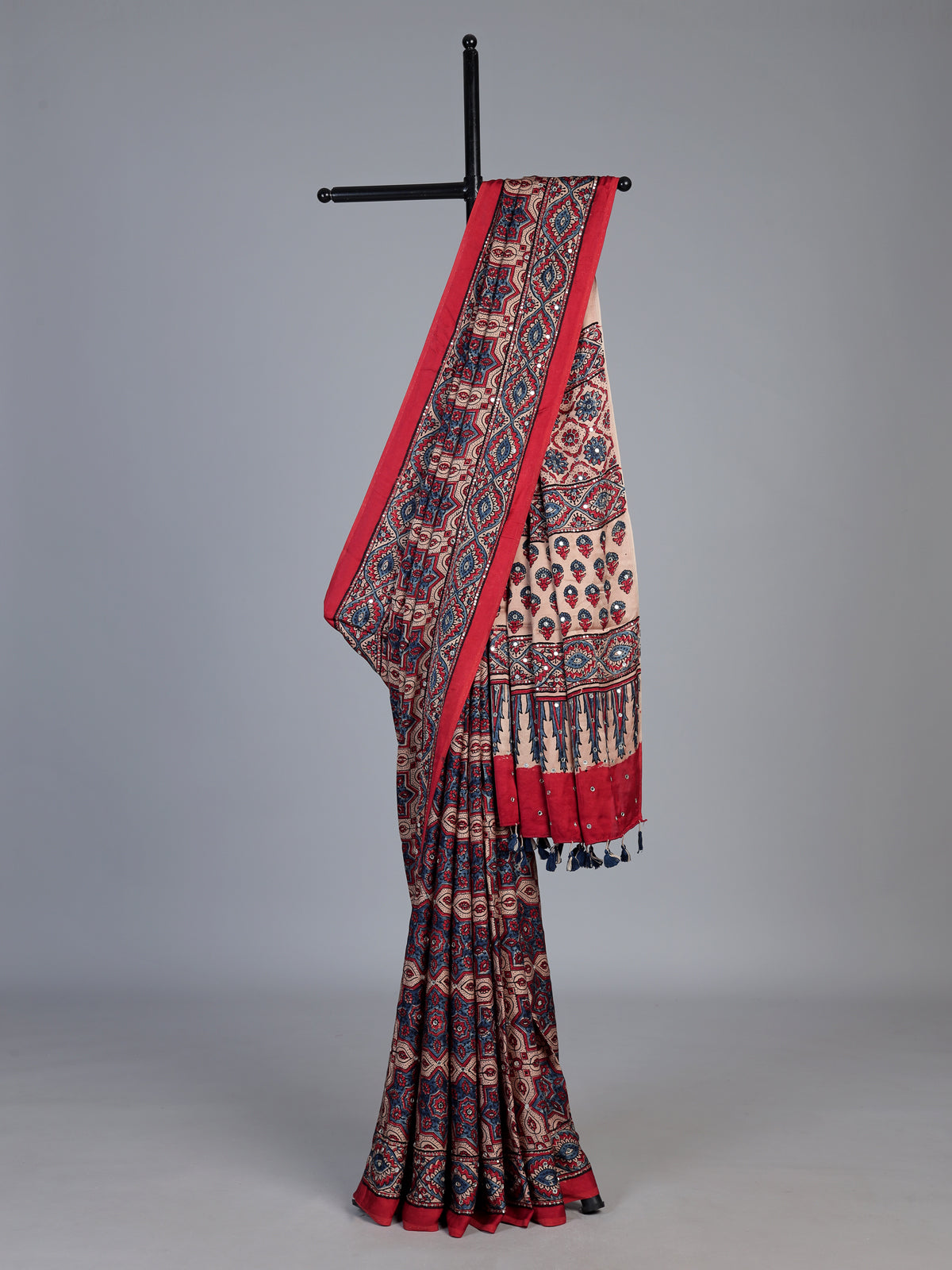 Maroon crepe silk saree with mirror and sequin embellishments
