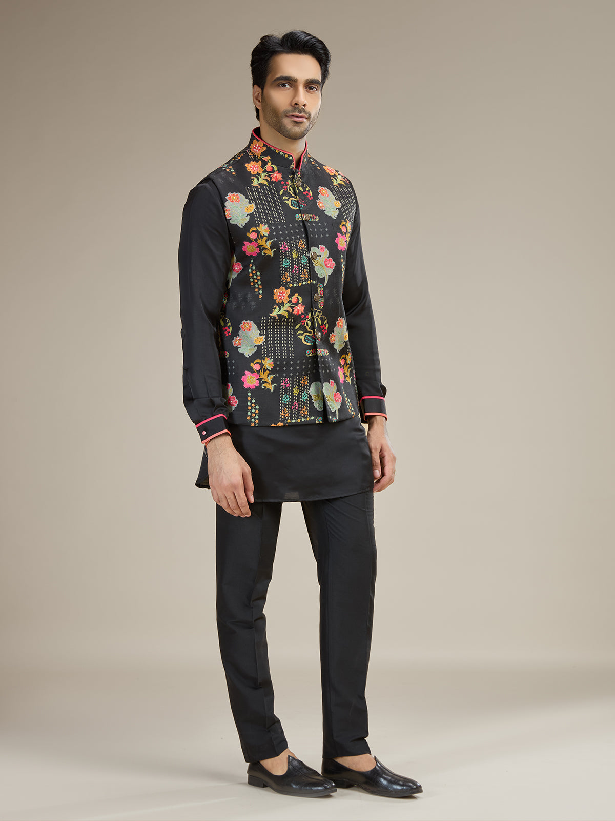 Printed linen satin black waistcoat set