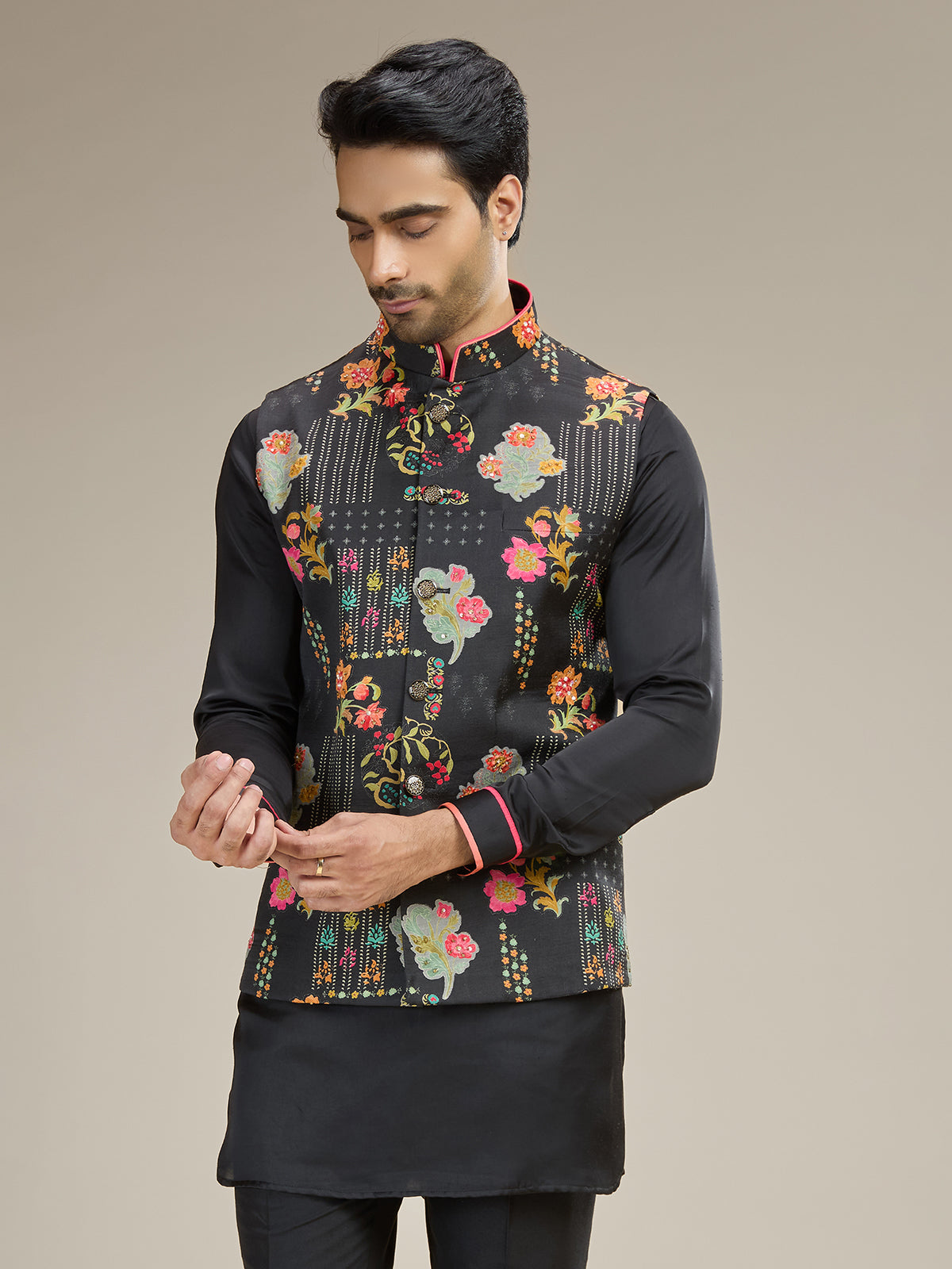 Printed linen satin black waistcoat set