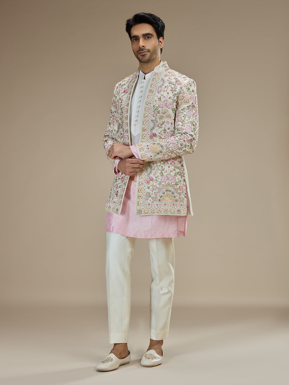 White and pink silk indowestern for men