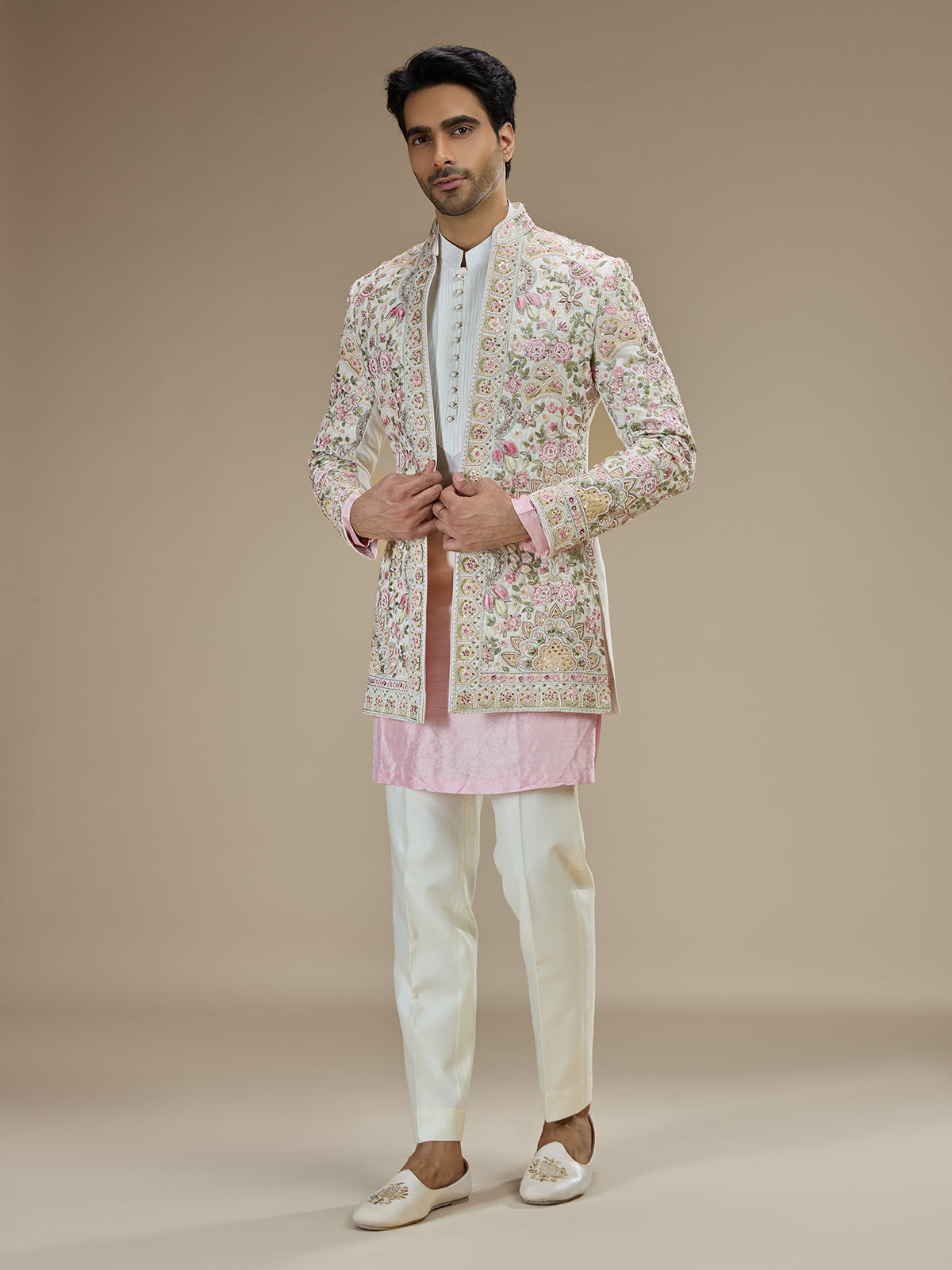 White and pink silk indowestern for men