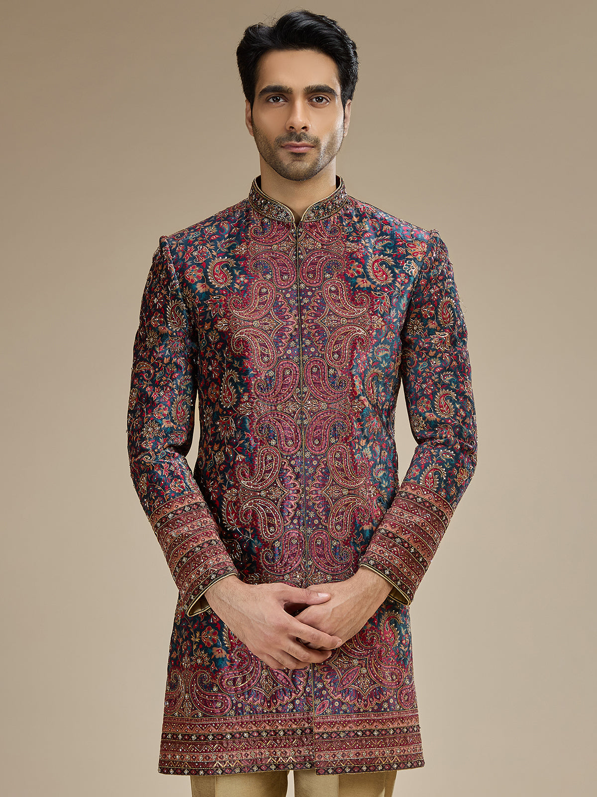 Traditional rama blue velvet indowestern for men